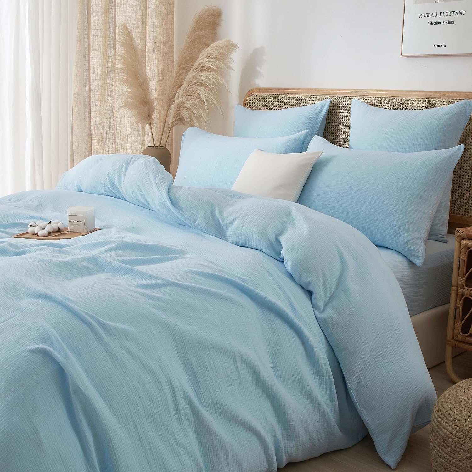 Parure de lit 200x200 bleu clair en mousseline de coton pour un sommeil frais et une chambre cocon