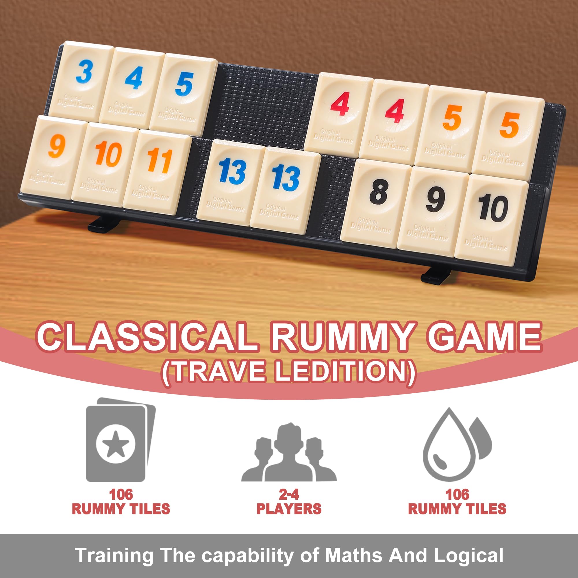 AIUAZA Juego de Rummy Cube con bolsa portátil, mini juego de Rummy Cube para adultos y niños, 106 fichas, soporte de juego, set de viaje con 4 portafichas para juegos de mesa clásicos familiares