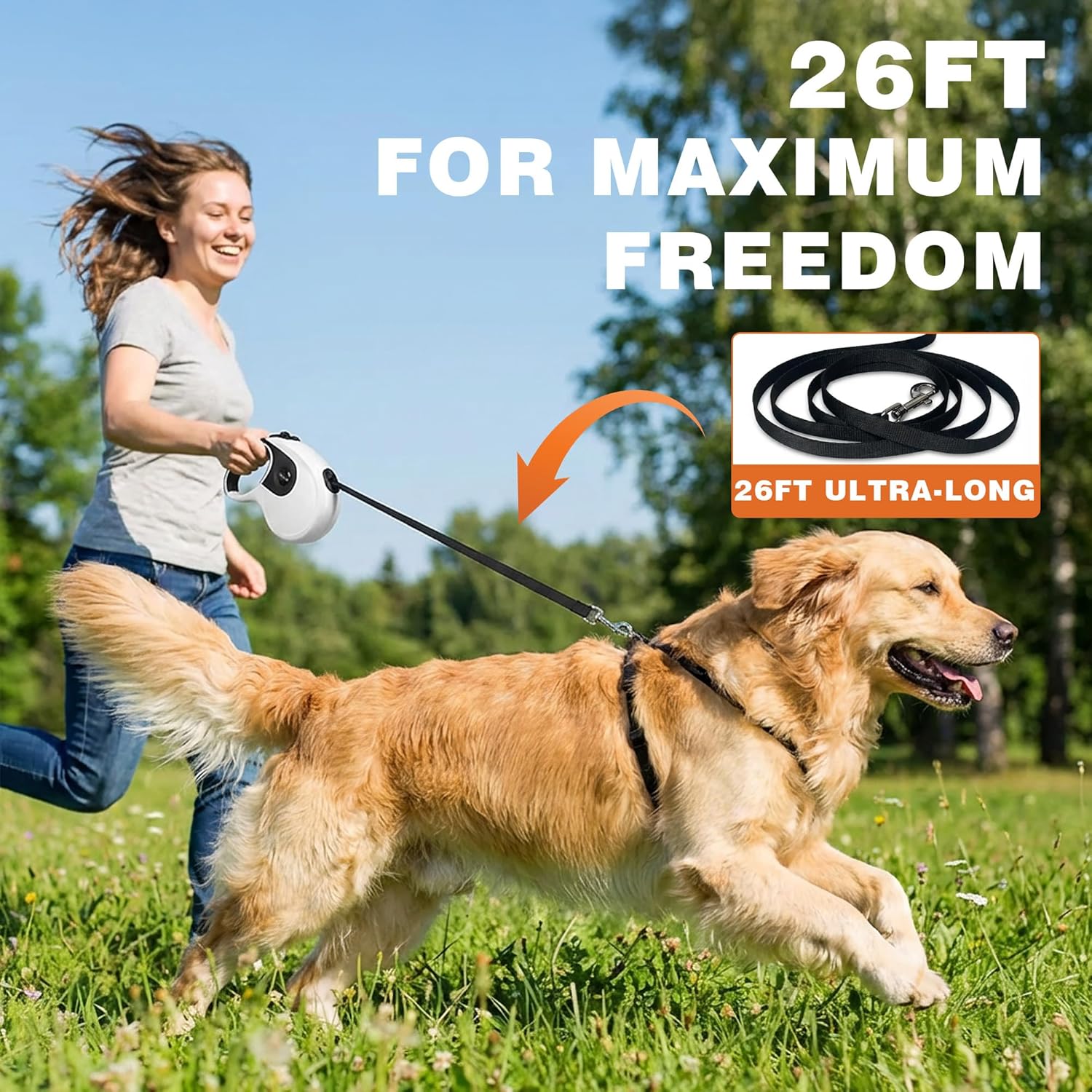 Thalirem 26FT Retractable Dog Leash, Heavy Duty Traction Rope with Anti-Slip Handle, Ivory White Pet Lead for Active Dogs, Walking Hiking Camping