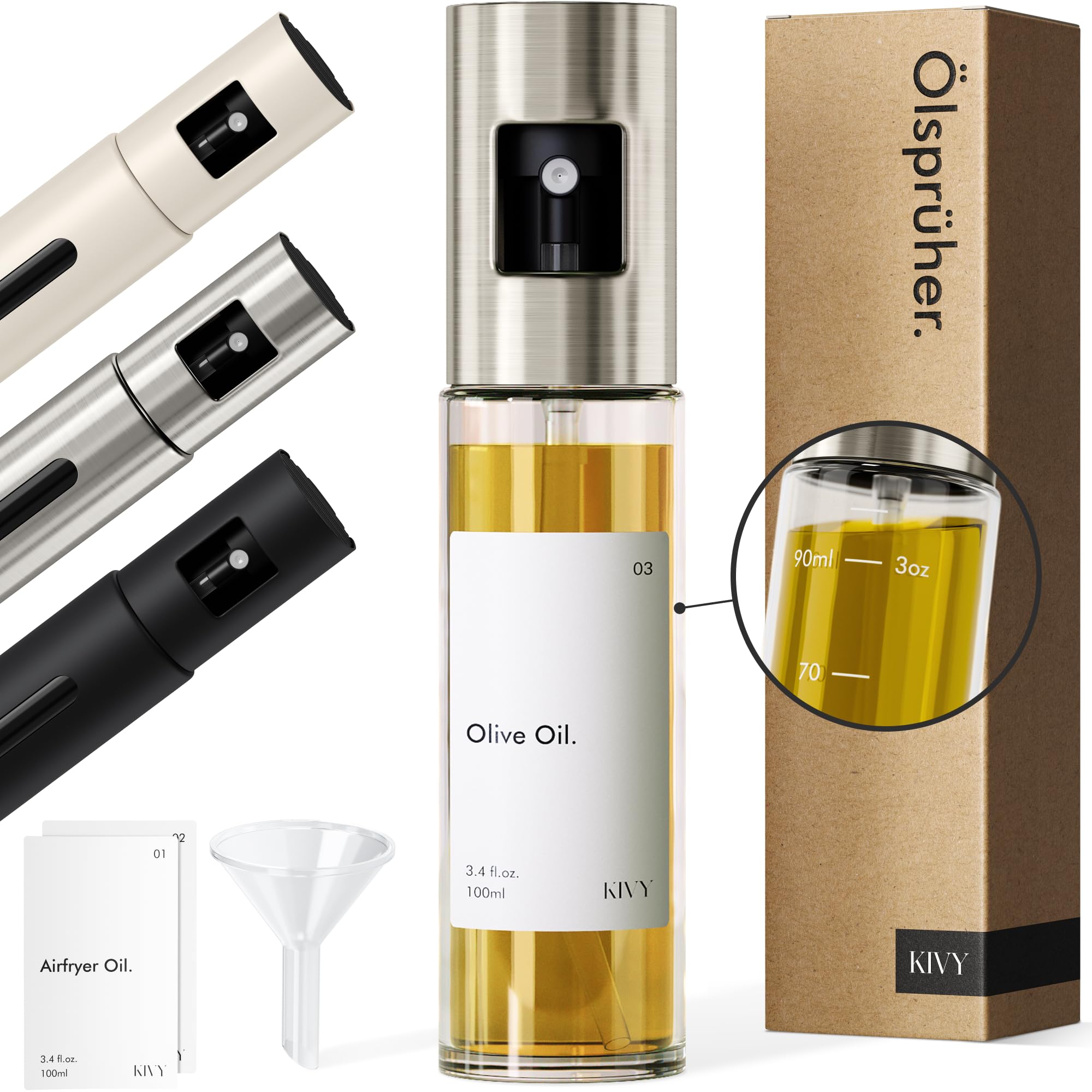 KIVY Ölsprüher Glas [100ML - Inkl. Sticker] - Öl Sprühflasche mit Präzisem Sprühkopf - Ölspray - Oil Sprayer - Ölsprühflasche - Ölzerstäuber - Sprühöl zum Kochen - Ölsprayer - Olivenöl Spray