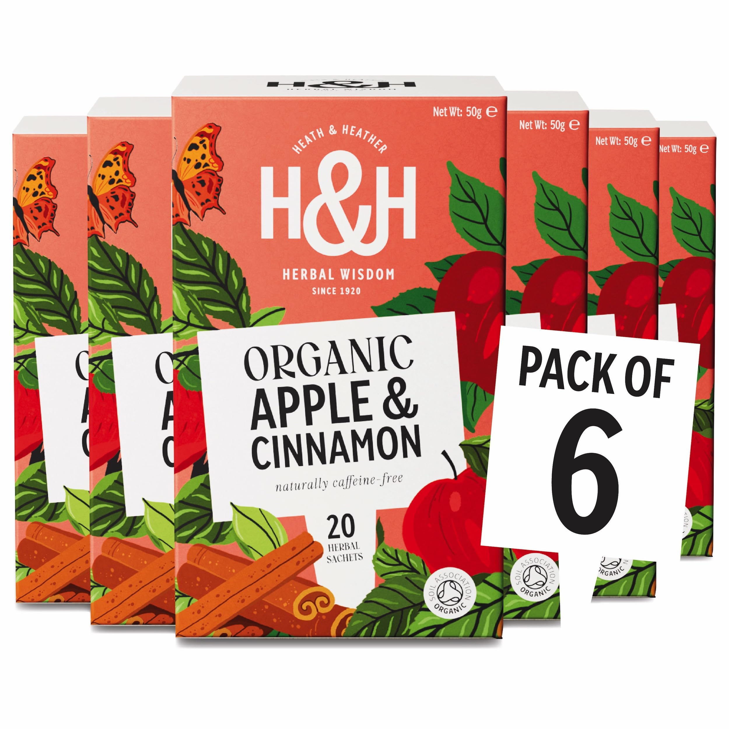 Heath & Heather - Organic Apple & Cinnamon Tea • Warming Fruit & Spice Infusion • Naturally Caffeine-Free • Vegan • Comforting & Aromatic • Multipack 6 x 20 Boxes (120 Tea Bags)