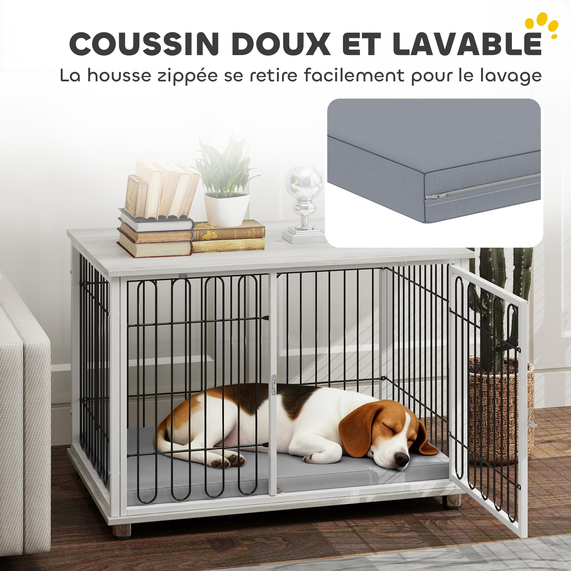 PawHut Cage pour Chien, Meuble Cage Chien intérieur avec Coussin, Pieds réglables, Table d'appoint, Fil d'acier Solide, pour Chiens Moyens jusqu'à 20 kg, 90 x 58 x 62,5 cm, Gris