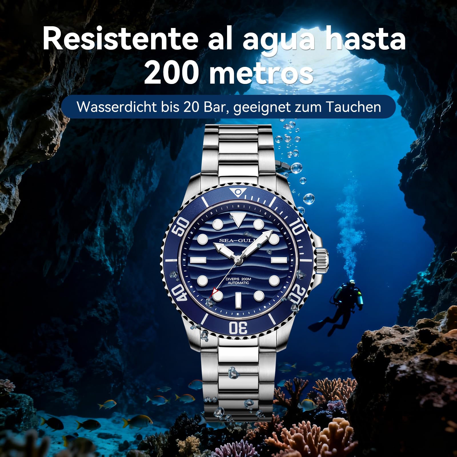 Sea Gull Reloj automático de Buceo para Hombre, Resistente al Agua de 200 m, Cristal de Zafiro, Pulsera de Acero Inoxidable 316L, Caja Trasera grabada de Pulpo