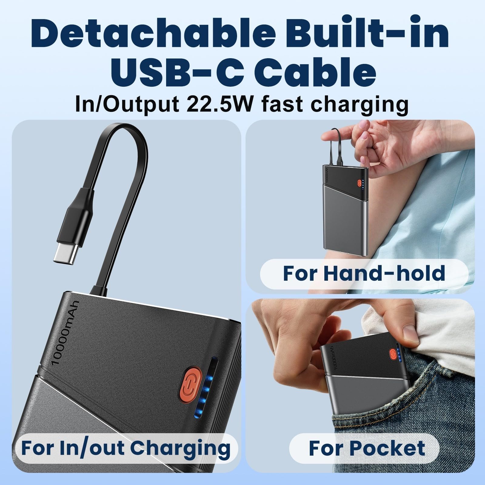 Aaoyun 10000mAh Portable Power Bank, 22.5W PD Fast Charging Battery Pack with Built-in USB-C Cable view 8