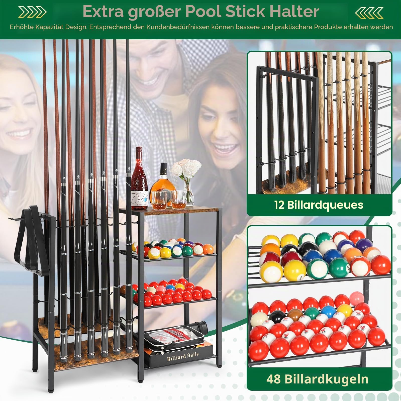 Bikoney Billard Queue Halter für 12 Stöcken, Ständer Poolqueues mit Ballaufbewahrung, Großer Organizer für Billardzubehör, Queue-Halter für Spielzimmer, Billard-Ausrüstungsständer