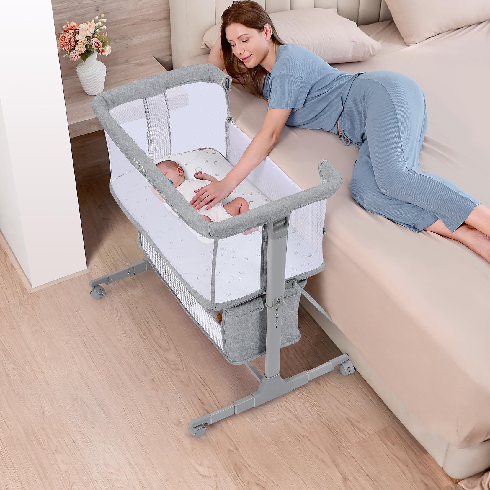 Baby Beistellbett 2-in-1, 7-fach höhenverstellbar, mit Rädern & Stauraum