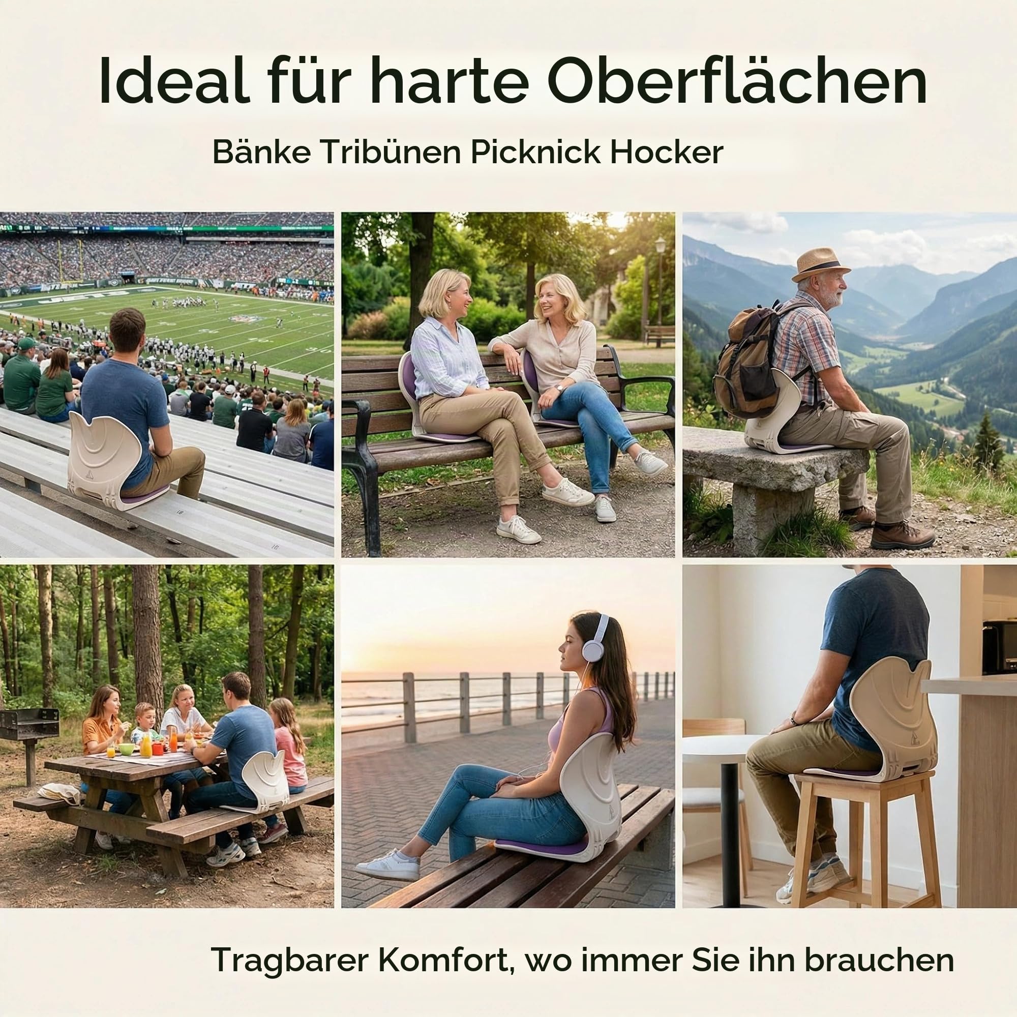 Klappsitz mit Rückenlehne Premium 200 kg · Integrierte Stütze und Stabile Basis · Leicht und Tragbar 1,15 kg · Schaum oder Gel · Ideal für Bänke, Tribünen und Außenbereich (Waben-Gel, Grau)