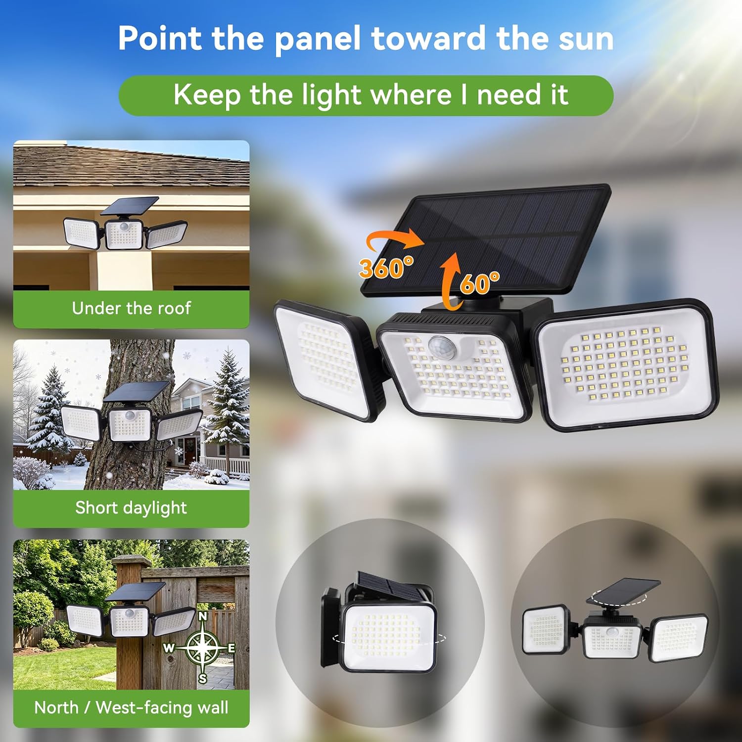 Solar Outdoor Light 4000mAh, 360 Rotatable Solar Panel, Motion Sensor with Remote Control, Multi-Direction Adjustable Side Panels, IP65 Waterproof Security Light for Yard Driveway Porch
