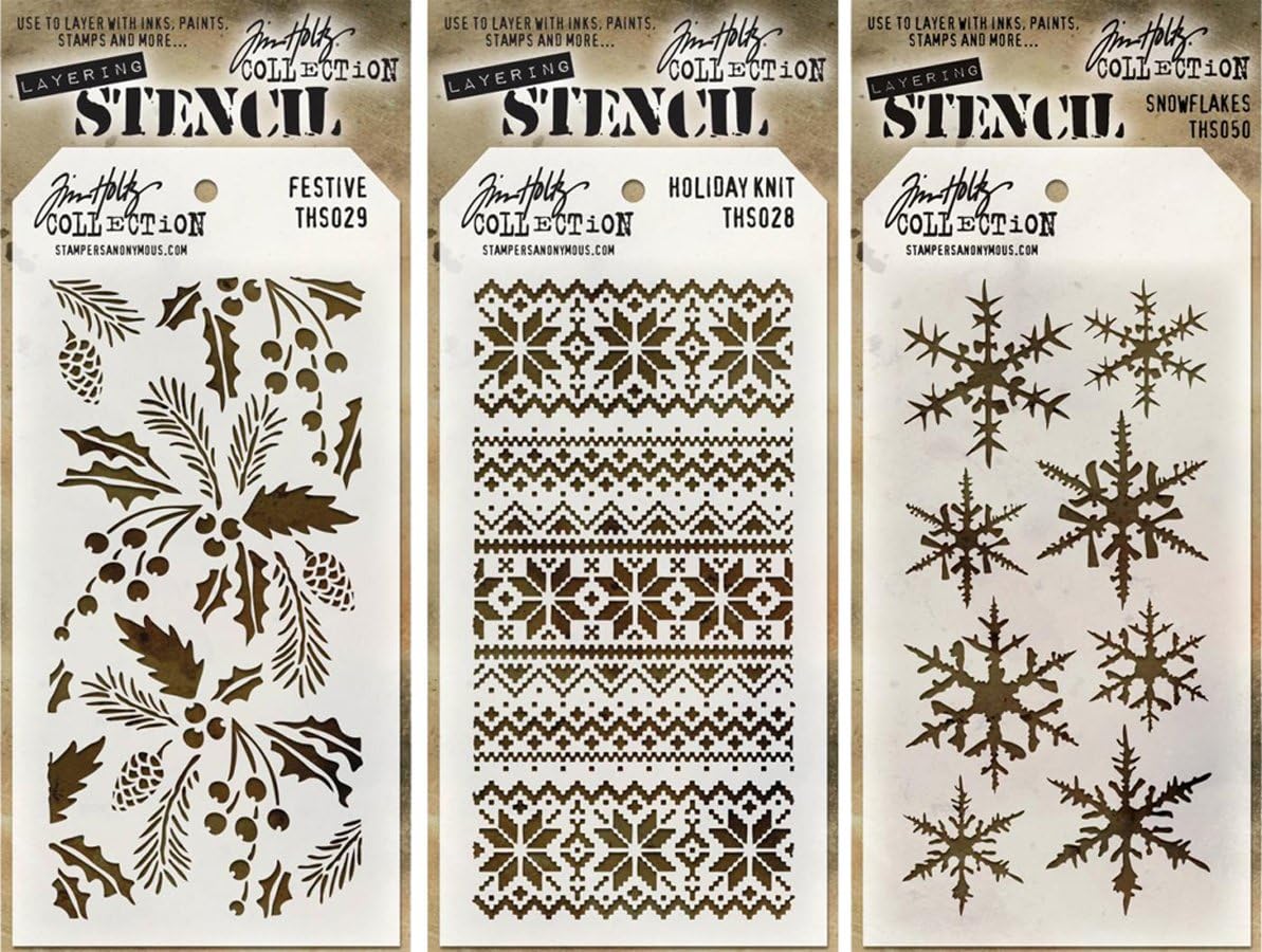 Tim Holtz Layering Stencil 3-pack Winter Holiday Christmas set - Holiday Knit, Snowflakes, and Festive