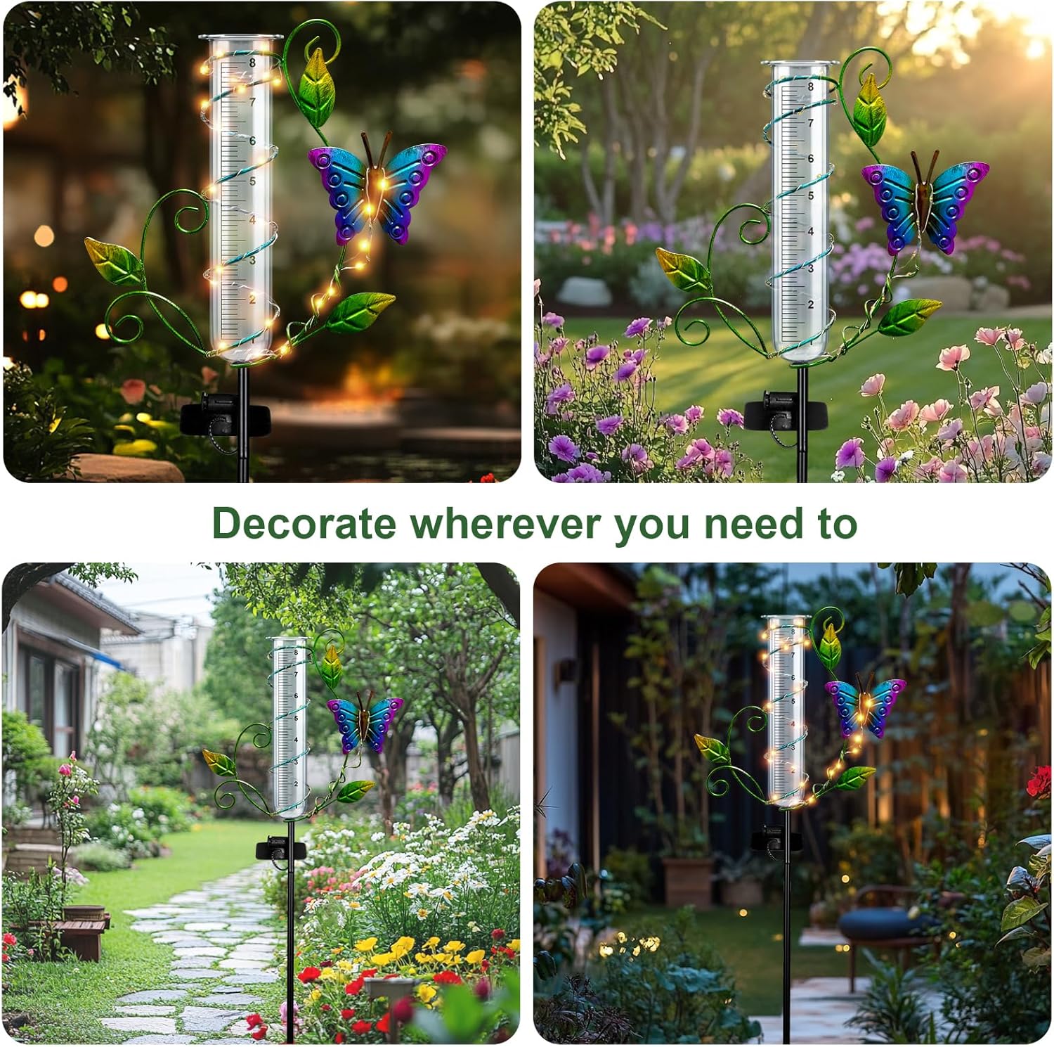 Butterfly Rain Gauge Outdoor - Wireless Solar Rain Gauges with 8" Capacity Glass Replacement Tube Best Rated Metal Decorative Garden Stakes with LED Lights for Yard Lawn Patio Art Decor