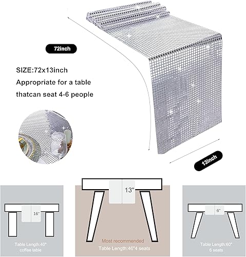 Miniatura 4 de Snowkingdom 13 x 72 Pulgadas Brillo Fiesta de Discoteca Corredor de Mesa Espejo Plateado Corredor Retro Tema de los 70 y 80 Bola de Discoteca