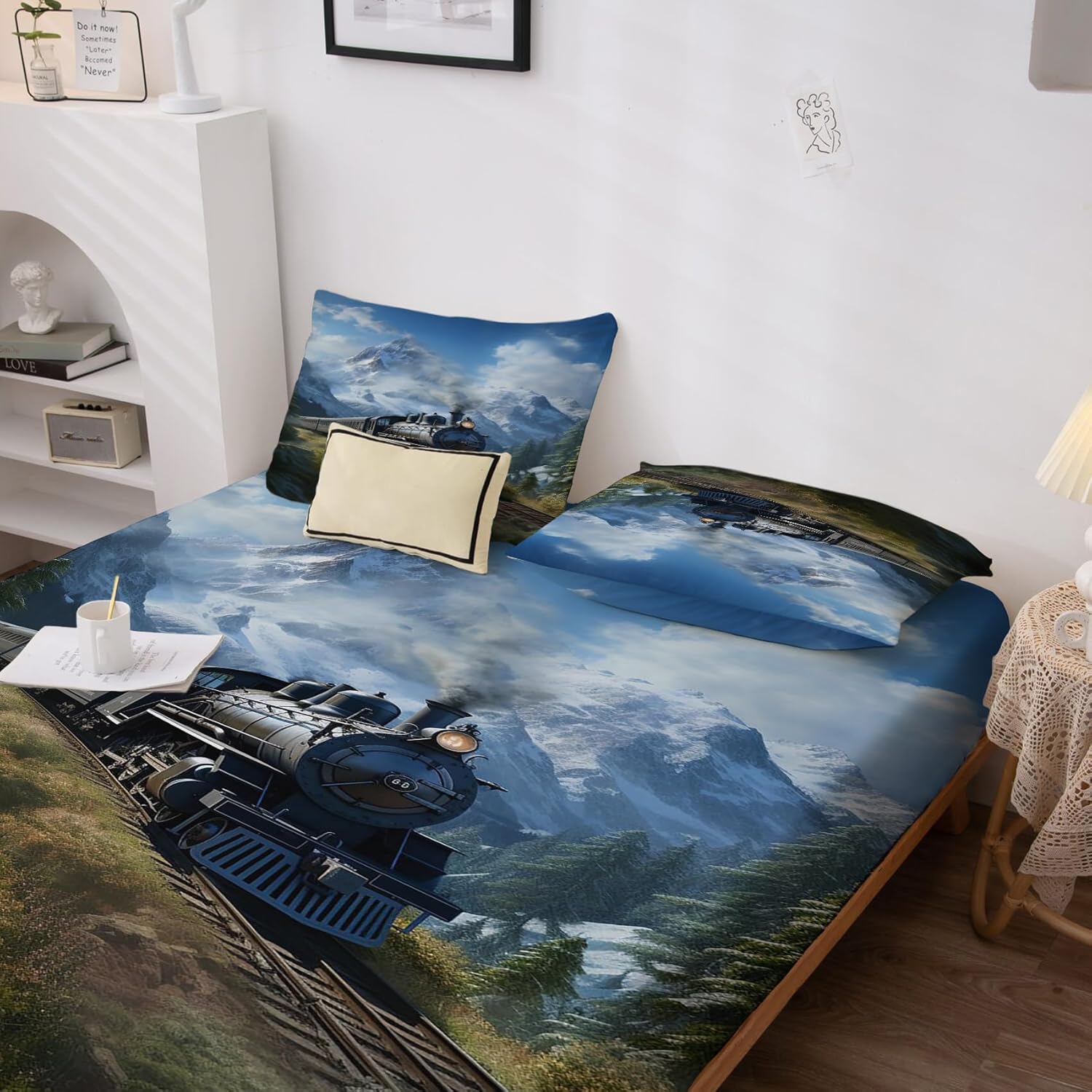 Twin Sheets Set, Steam Train Bed Sheets, Landscape Printed Bedding Sheets & Pillowcases - Deep Pocket & Soft Breathable Microfiber 1 Flat Sheet & 1 Fitted Sheet & 1 Pillow Case