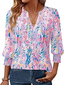 GKBK Womens 3/4 Sleeve Shirts V Neck Dressy Casual Spring Summer Blouses with Smocked Cuffs