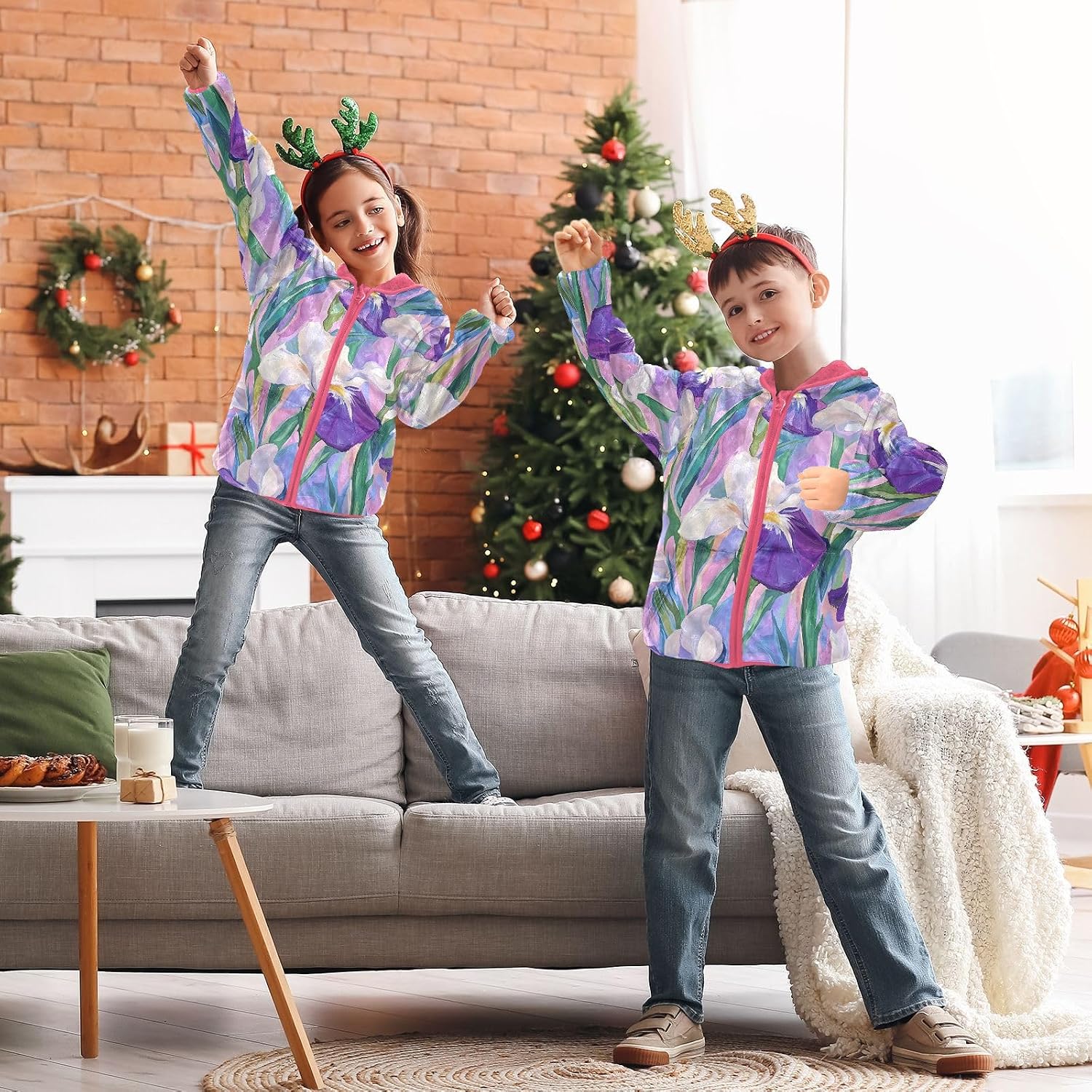 ALAZA Iris Flower Two Hoodie Jacket for Girls Toddler Fleece Zip Up Coat Plush Jacket Long Sleeve Outerwear for 3 Years