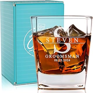 Personalized Groomsmen Whiskey Glass Gifts - Custom Engraved Square Bottom Glass for Wedding - 12 oz Bourbon, Scotch Glass - Groomsman Favors