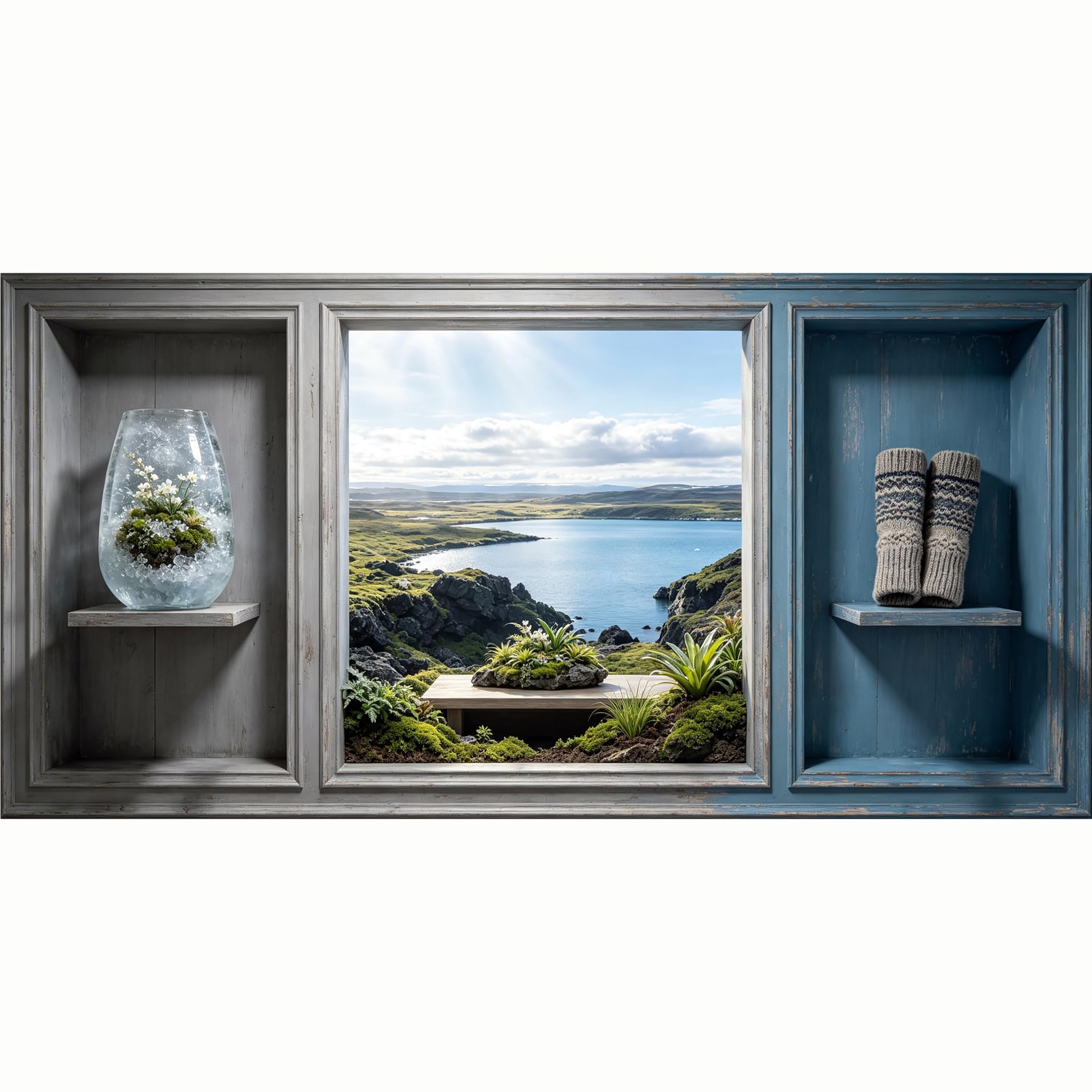 QZLITHOTIC 50x100cm 3D Framed Wall Art， Nordic Mountain Lake Landscape Botanical Terrace SelfAdhesive Mural， WaterActivated Peel & Stick Fabric Decor Wall Decal for Bedroom Living Room