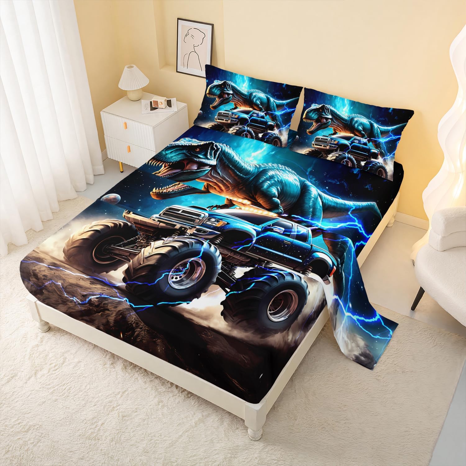AILONEN Kids Dinosaur Sheet Boys Monster Truck Fitted Sheet