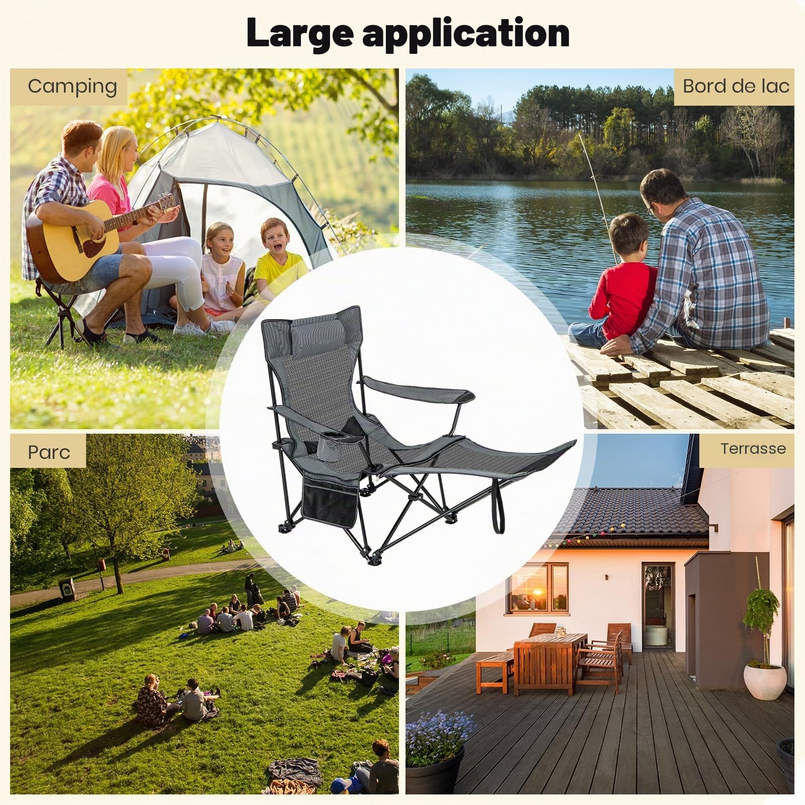 GIANTEX Chaise Pliante Camping 2 en 1, Fauteuil de Camping avec Repose-Pieds Amovible, Dossier Réglable à 4 Positions, Porte-Gobelet & Poche Latérale, Sac de Transport, pour Randonnée, Pêche, Gris