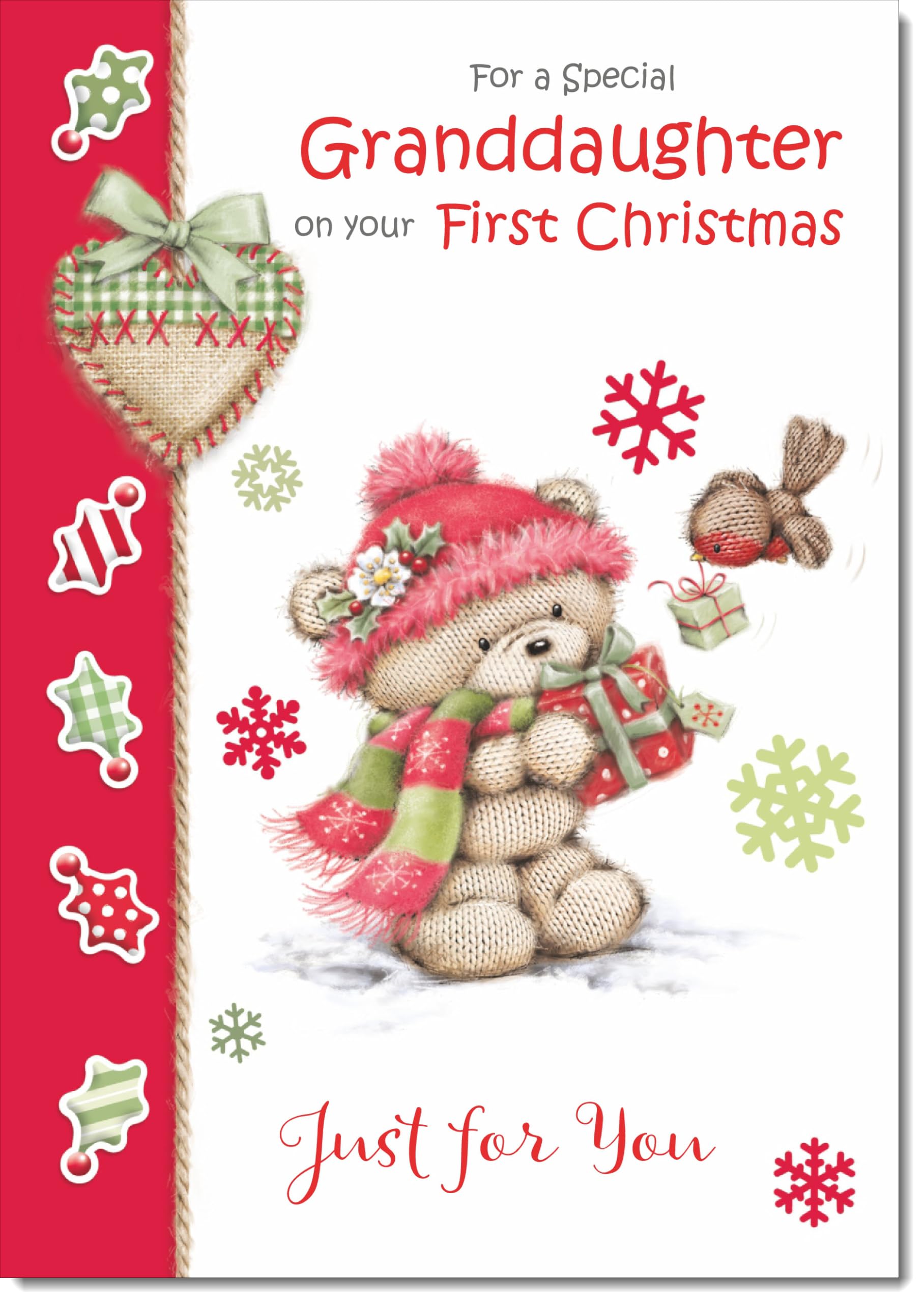 doodlecards Granddaughters 1st First Christmas Card Cute Bear with Red Hat Large A4 Size Christmas Card for Granddaughters 1st with Plain Envelope