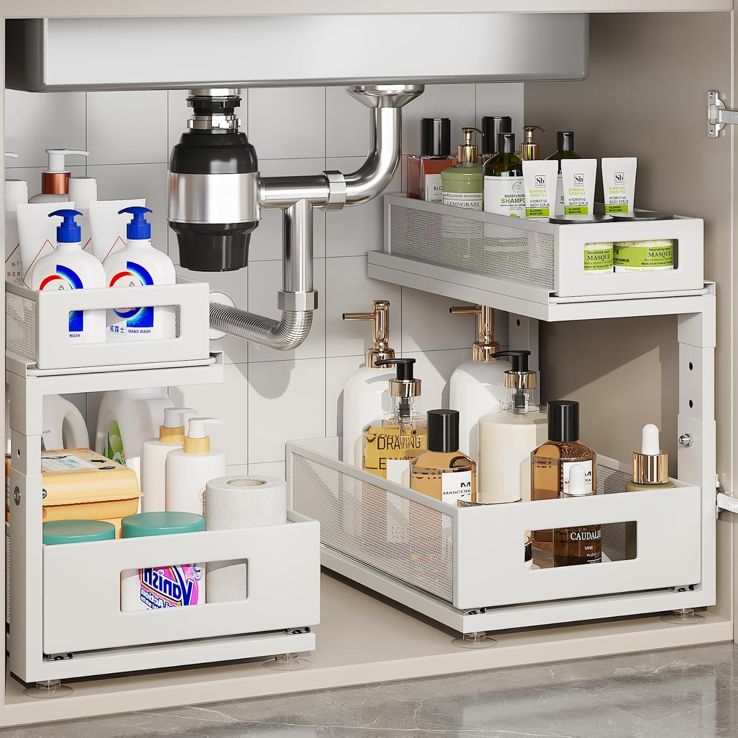 2 Pack Under Sink Organizer With Next-Gen Ball-Bearing Slides,2-Tier Pull Out Cabinet Storage,Height Adjustable Drawer Shelf for Bathroom,Kitchen,Laundry,Cabinet,Pantry(Patent Pending) 2 Pack-15.74"Dx12.8"-16.9"H White