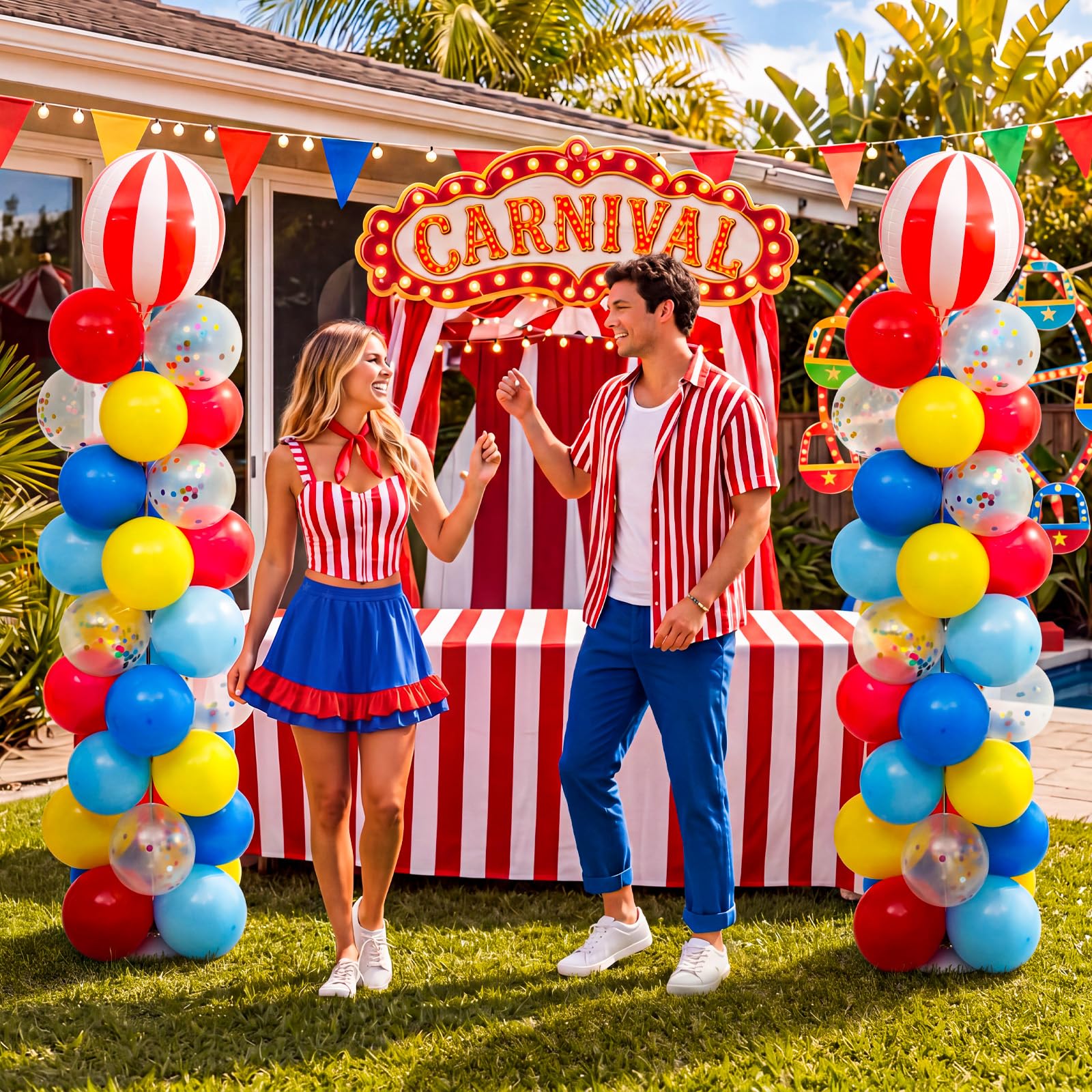 Hungdao Juego de 2 soportes de columna de globos de circo de carnaval, tubo de metal ajustable de 2 m con soporte de torre de globos a rayas rojas y blancas con bases para carnaval, suministros de