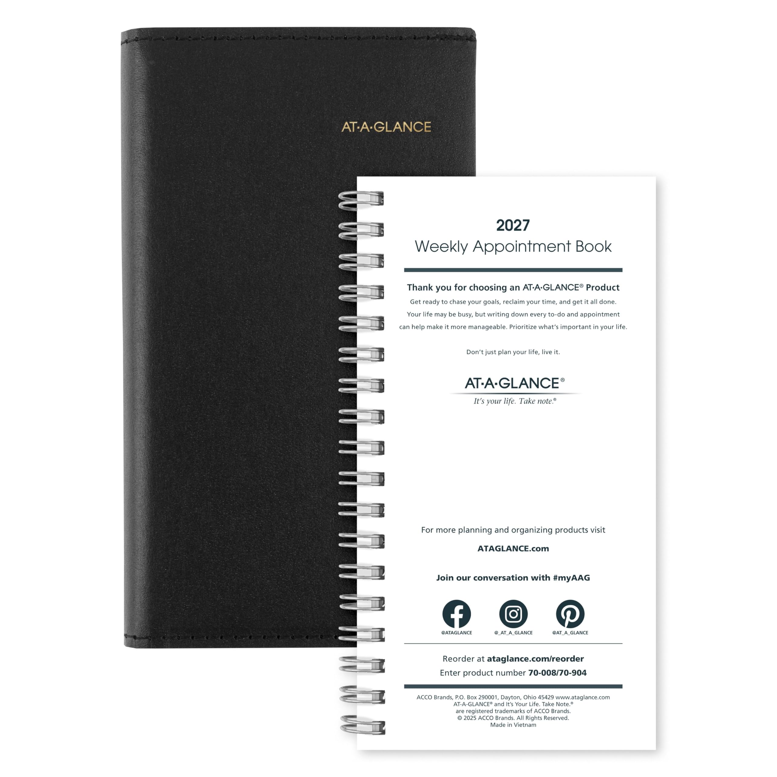 AT-A-GLANCE Agenda settimanale 2027, ricaricabile, 8,3 x 15,9 cm, formato tascabile, ogni ora, nero (700080527)
