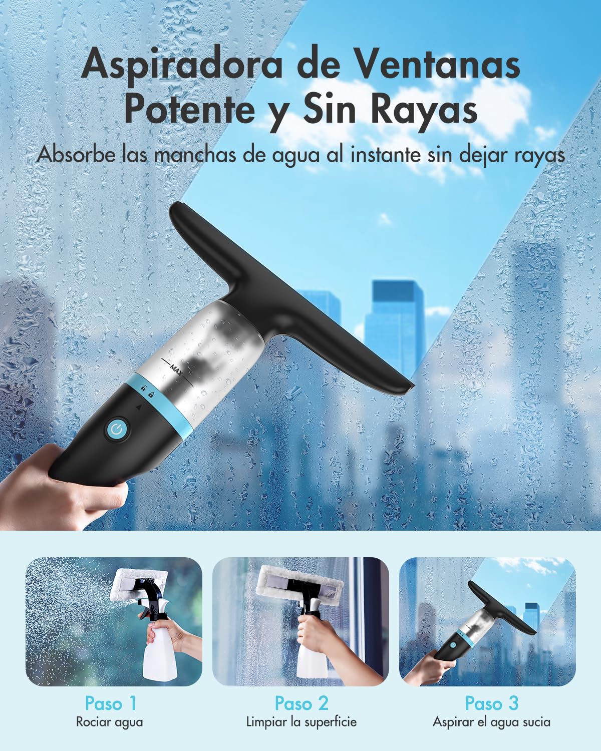 iDOO Limpiadora de Cristales, Limpiacristales Electrico, Autonomía de Batería: 40 min, Tanque Transparente 360ML, Pulverizador y Paño Microfibra, IPX4 Resistente al Agua, para Ventanas, Baño