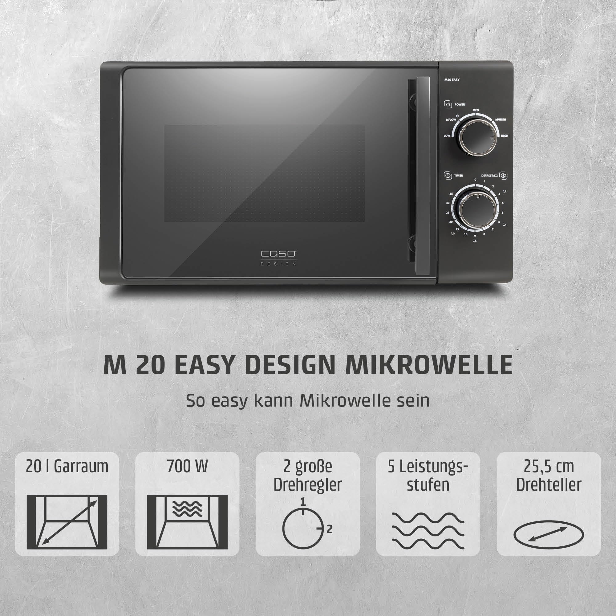 CASO M 20 EASY, Mikrowelle, 20L, 700 Watt, Drehteller Ø 25,5cm | 2 Auftauprogramme, anthrazit, Schwarz, Testsieger: Haus & Garten Test