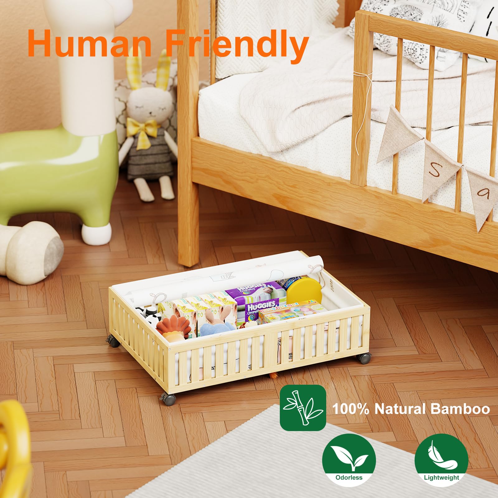 Landmok 2Pack Bamboo Under Bed Storage Containers, UnderBed Storage with Wheels & 40L Large Capacity Dust Bag, Sturdy Rolling Under Bed Clothes Storage for Shoes Toy Book, Nature (24.02