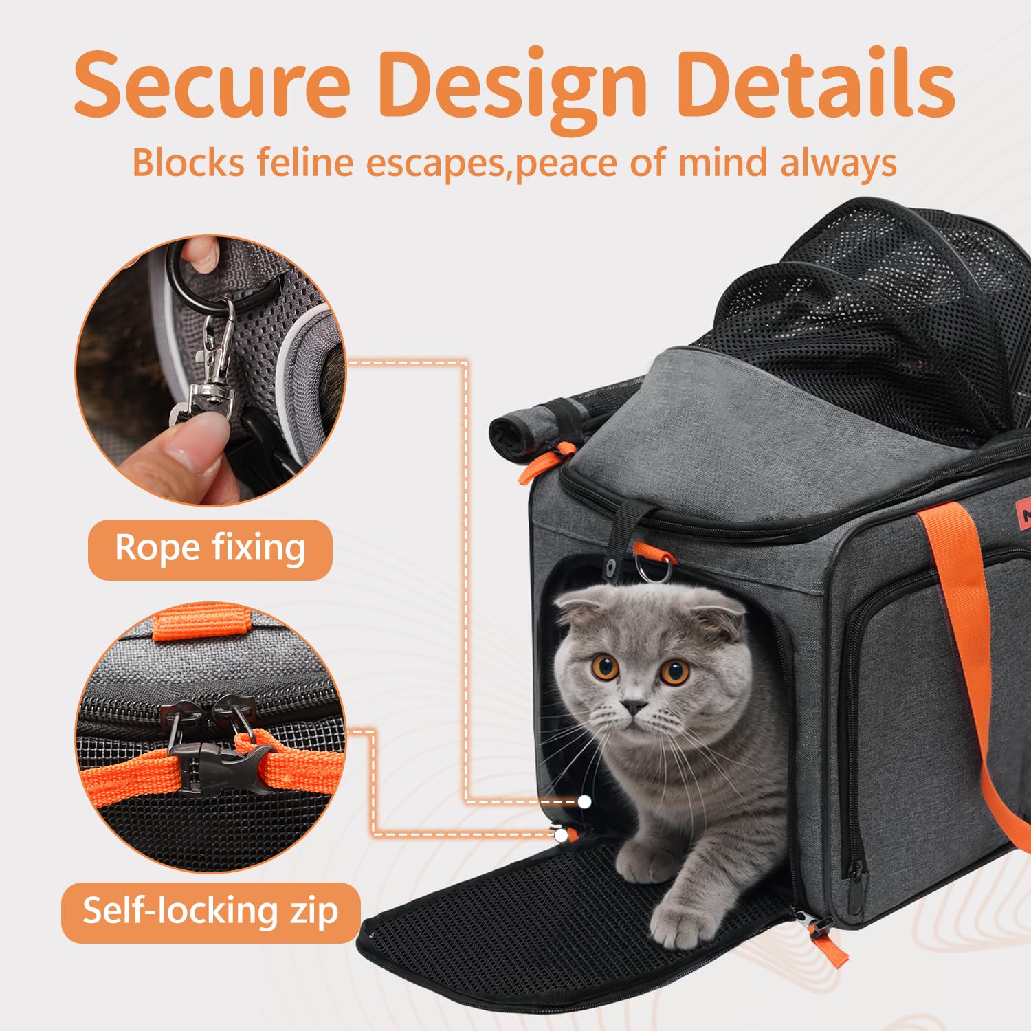 Meowker Cat Pet Carrier Soft Sided Bag Airline Approved, Foldable Travel Large Carrier for Small Kittens Medium Cats Up to 13 Lbs, Expandable Carrying Case for Car, Comfortable for Transport - image 6