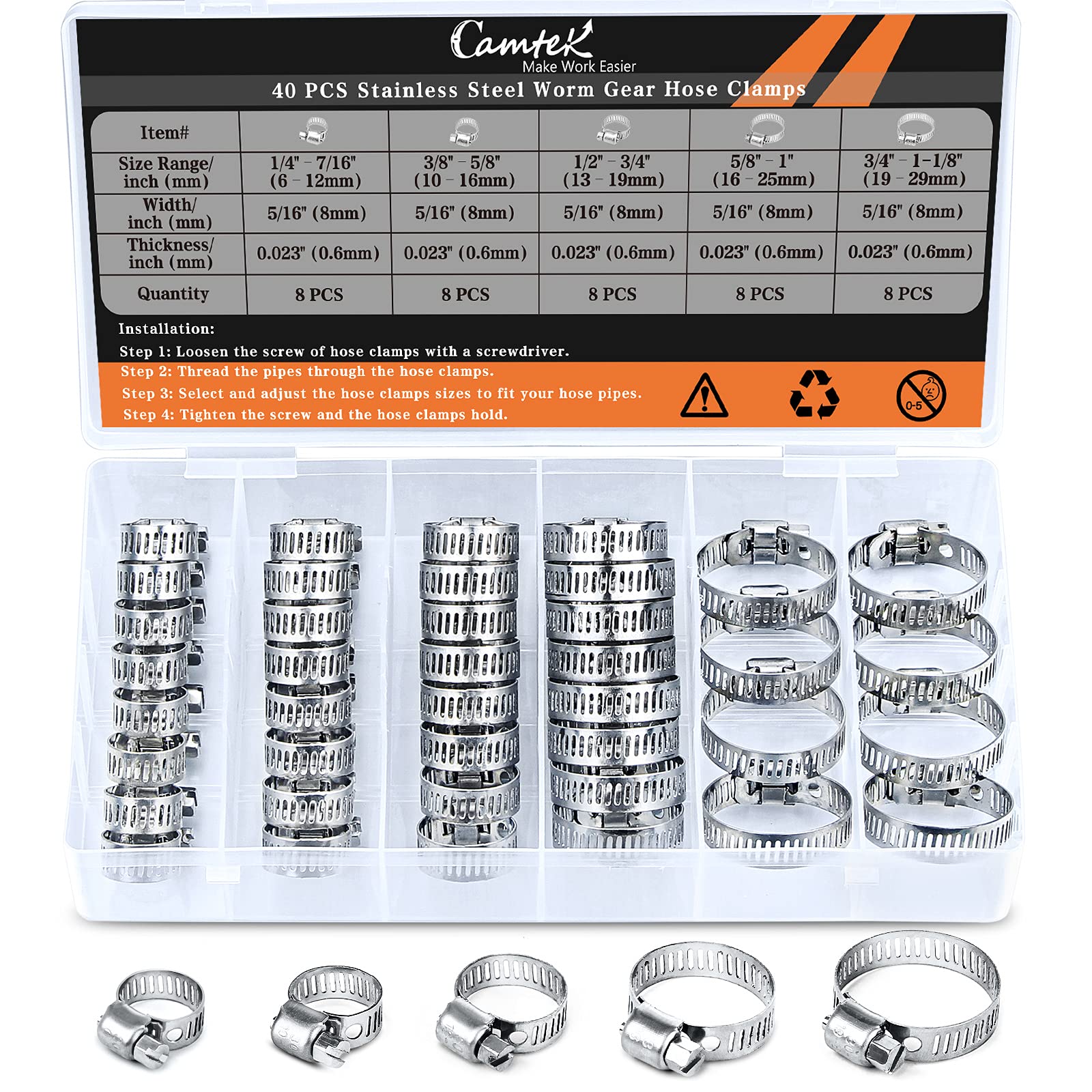 Buy 40PCS Hose Clamps, Camtek Stainless Steel Worm Gear Hose Clamp Duct