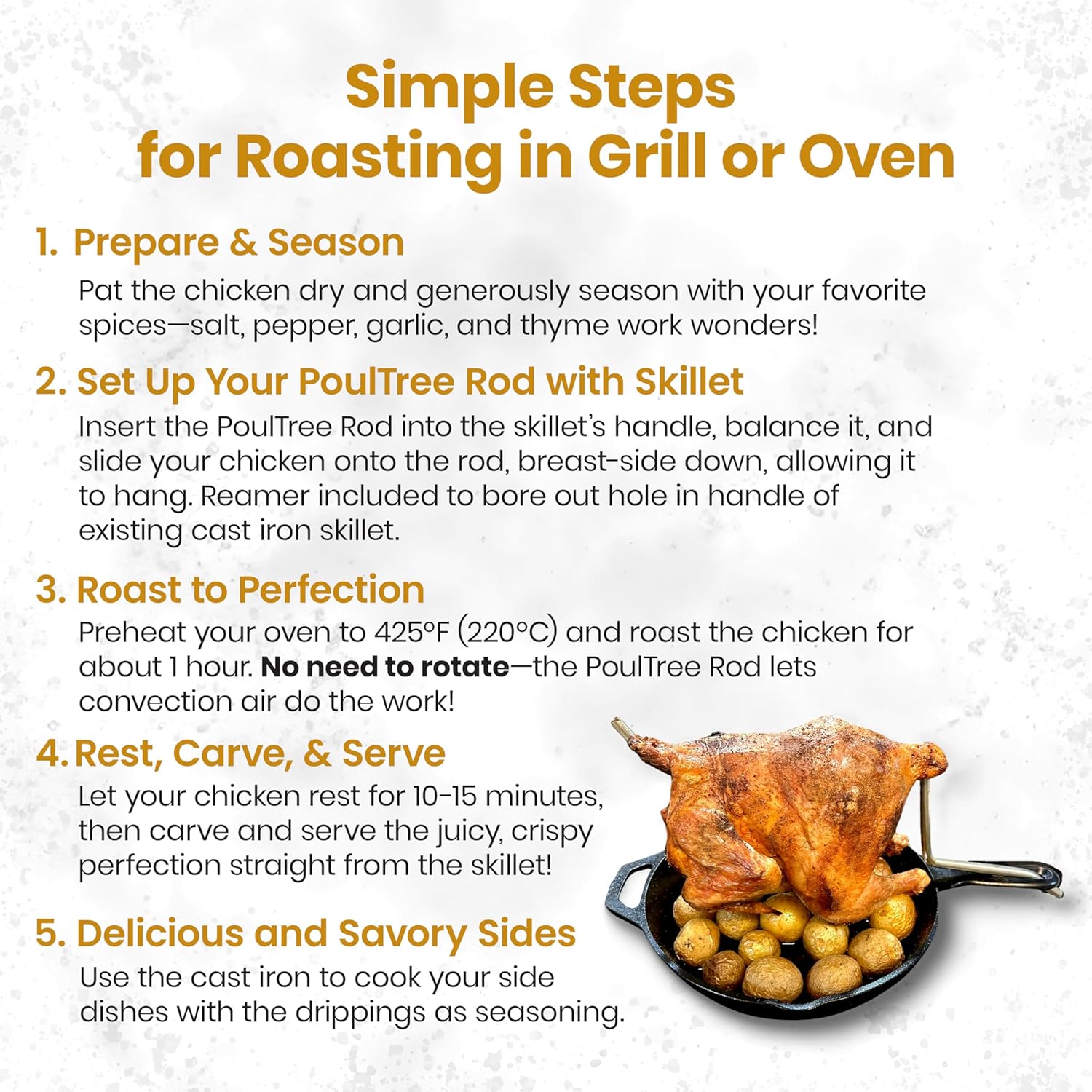 Chicken Penetrator Rod with Skillet Roaster – for Juicy Meat & Crispy Skin – for Grill, Oven & Smoker – Rotisserie-Style with no Spin – Auto Convection - Skillet Included