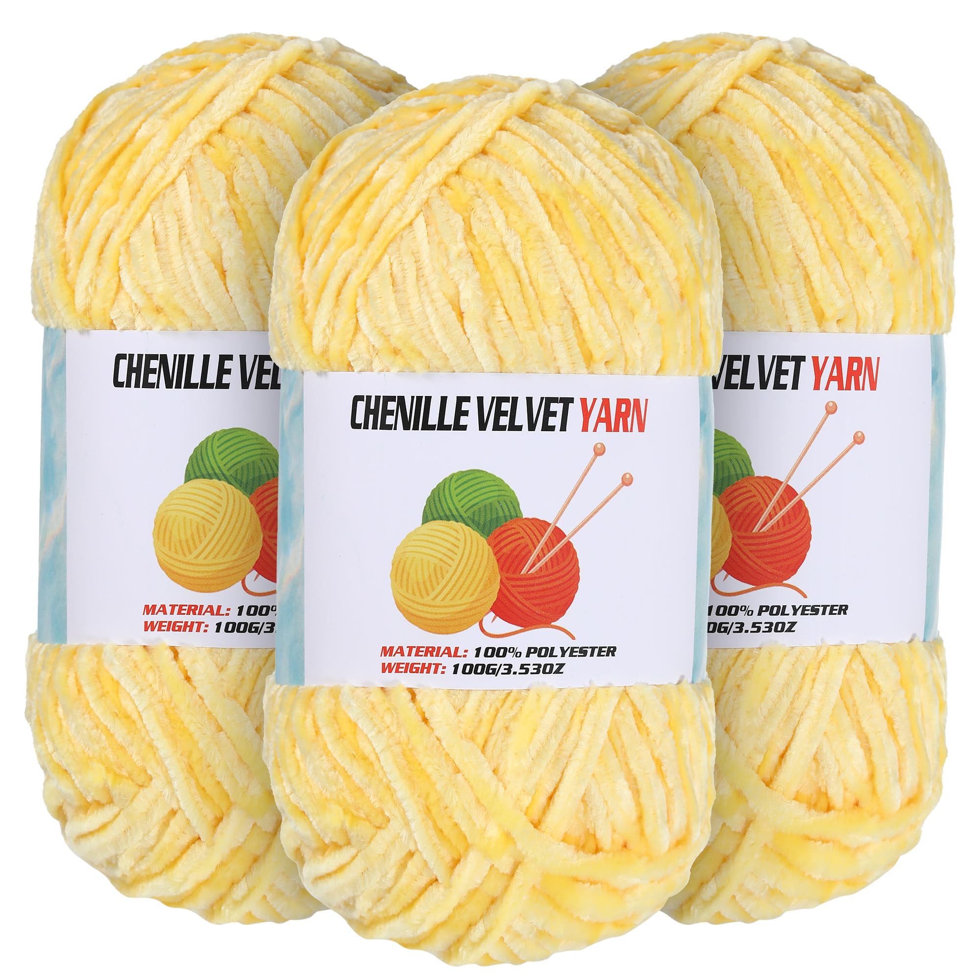 3 * 100g Velvet Chenille Chunky Yarn for Crocheting, Handcrafts Weaving Soft Chenille Yarn for Crocheting Clearance, Used for Making Baby Yarns Blanket, Clothes, Knitting Creations (Yellow)