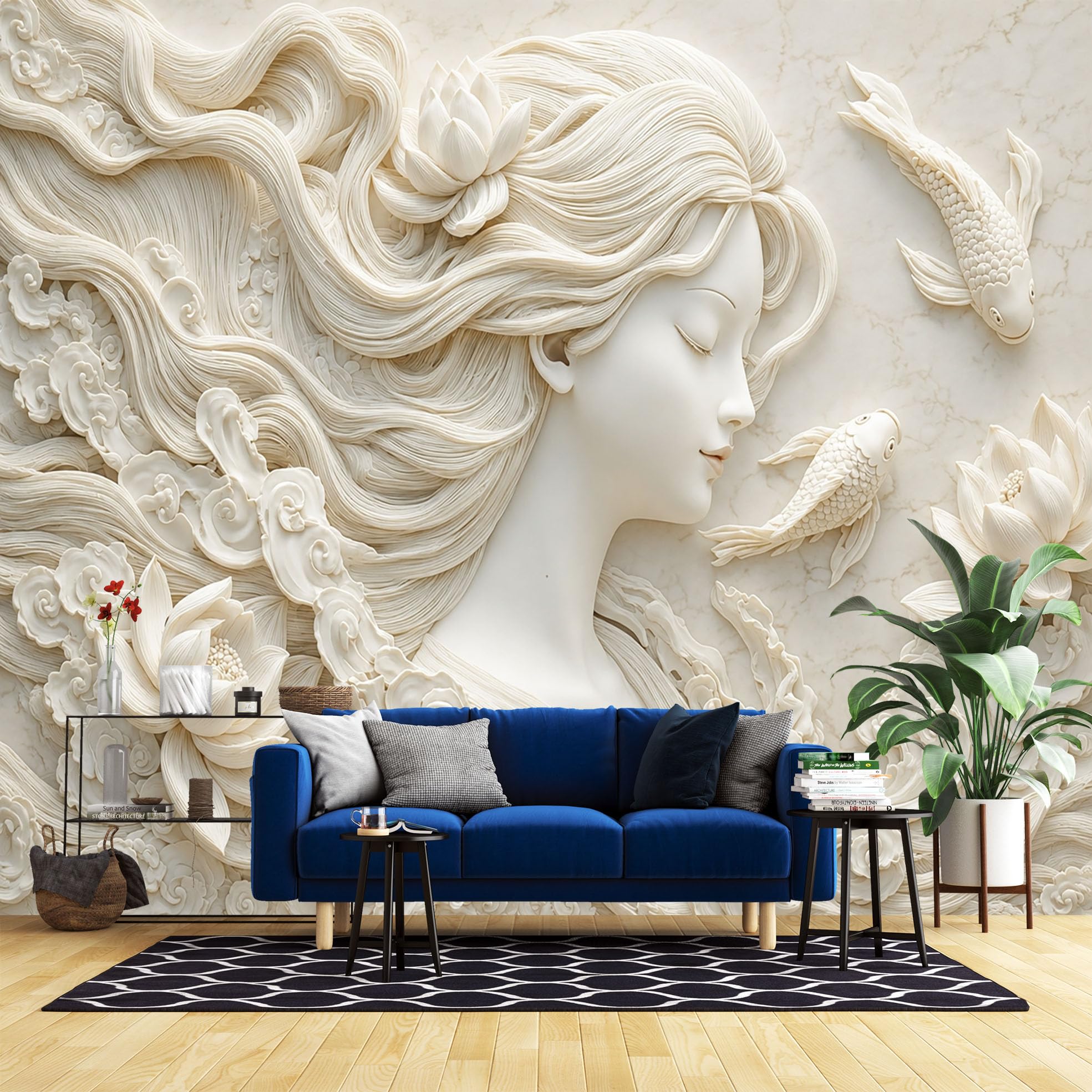 Carta Da Parati 3D Con Volto Di Donna Per Camera Da Letto 80X56 Pollici Con Dama Orientale E Pesci Koi Murale 3D Con Texture Per Camera Da Letto E Soggiorno Carta Da Parati Fotografica In Tessuto No