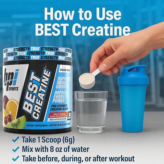 BPI Sports Best Creatine - Creatine Monohydrate Powder for Men & Women, Himalayan Salt - Strength, Pump, Endurance, Muscle Growth, Muscle Definition - No Bloat Fruit Punch 50 servings 10.58 oz