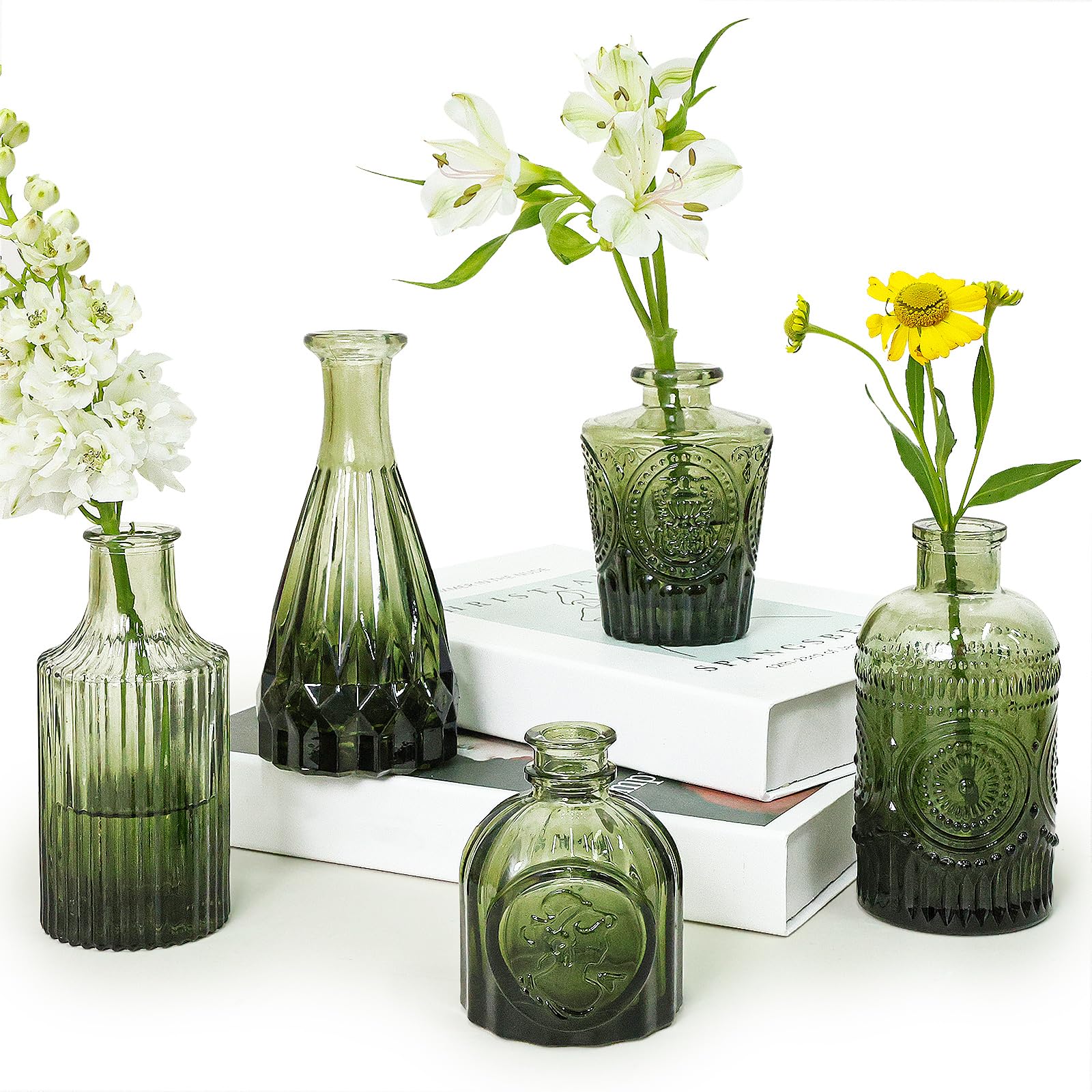 SUPMIND Glass Bud Vase Set of 5, Green Small Flower Vases for Centerpieces in Bulk, Mini Vintage Vase for Rustic Wedding, Home,Table Decoration