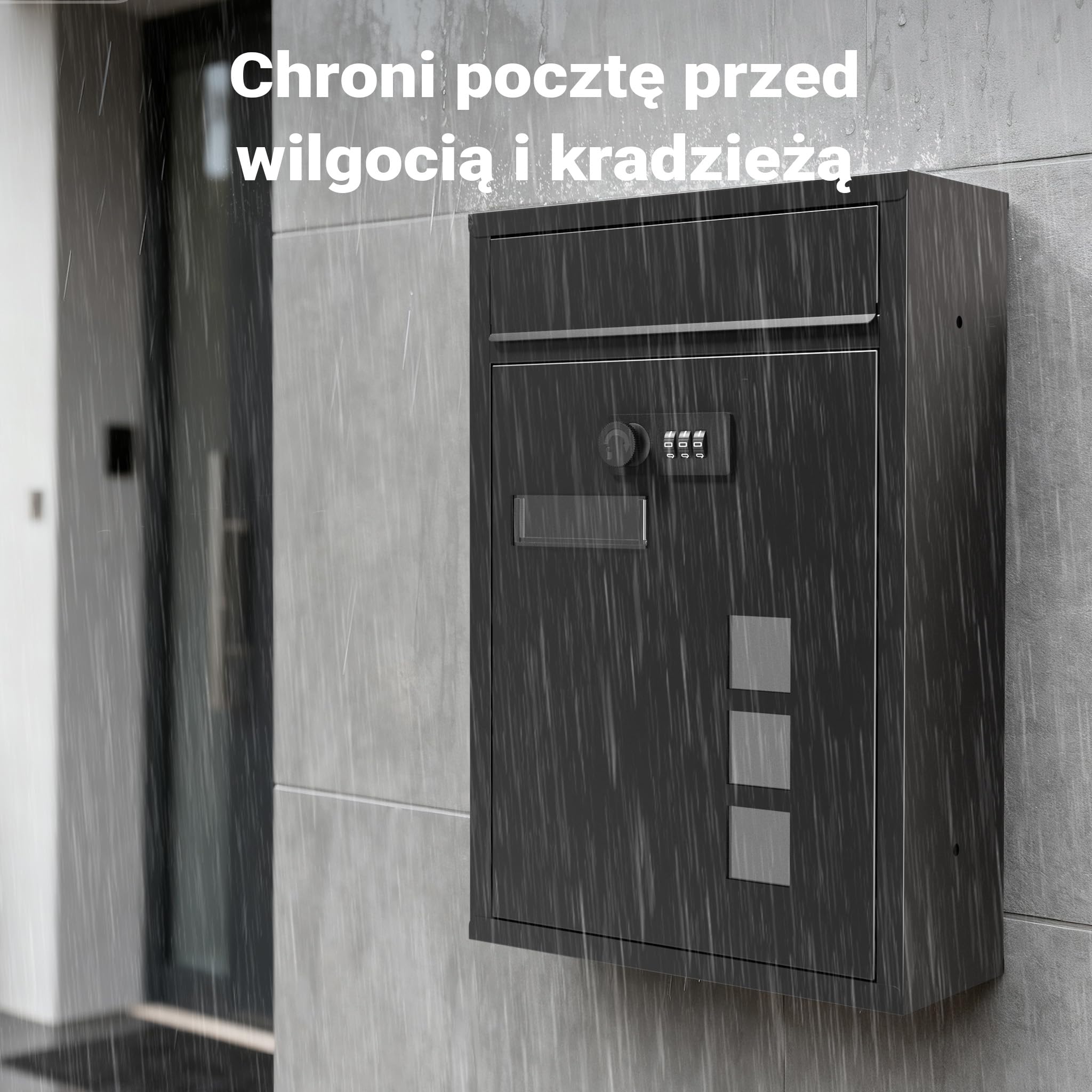 Wiltec Skrzynka na listy z zamkiem szyfrowym, imiennikiem i wizjerem, czarna skrzynka pocztowa do montażu na ścianie, stalowa, malowana proszkowo