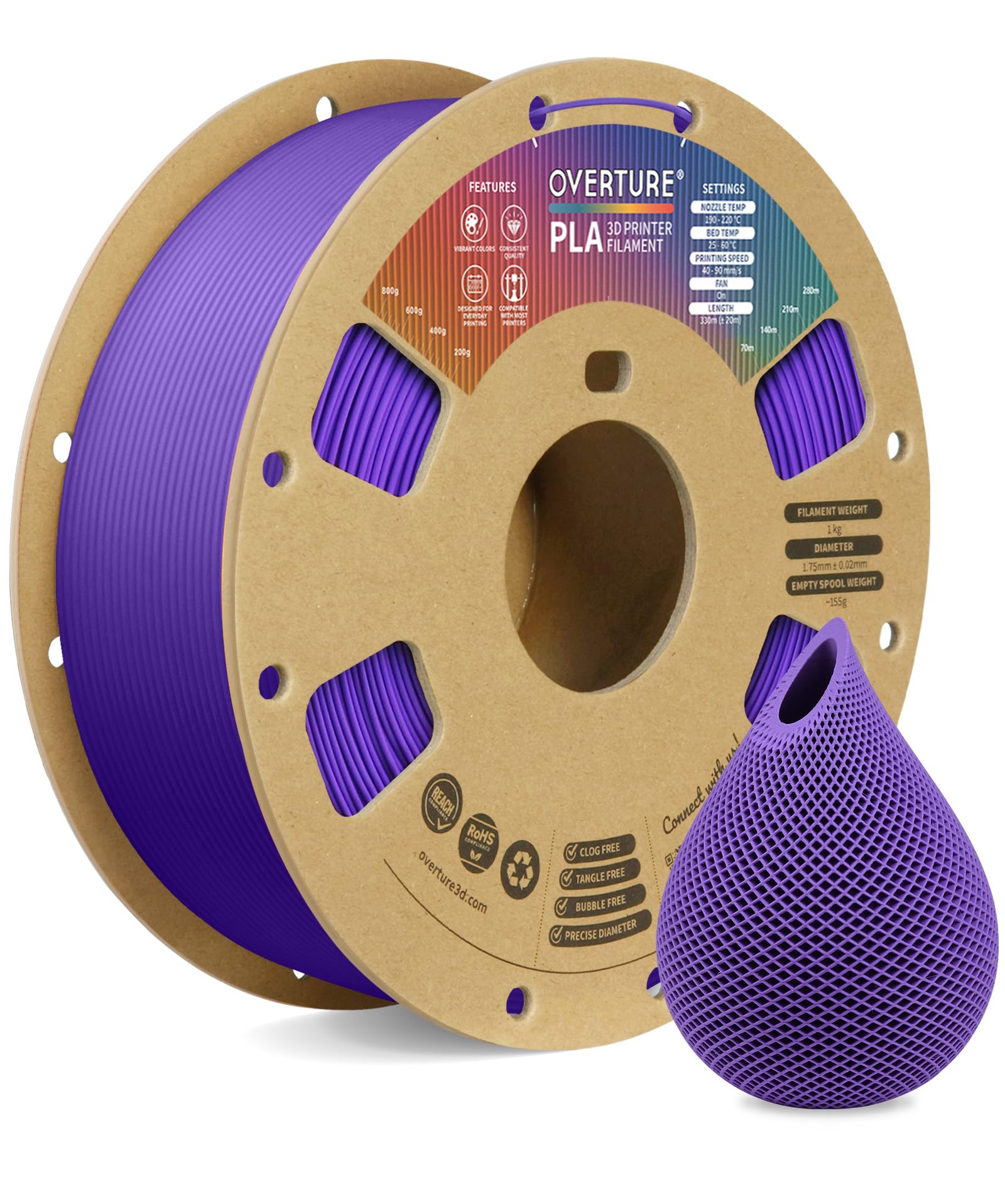 OVERTURE PLA Filament 1.75mm, Neatly Wound 3D Printer Filament 1kg Spool (2.2lbs), Dimensional Accuracy +/- 0.02 mm, Fit Most FDM 3D Printers (Purple)