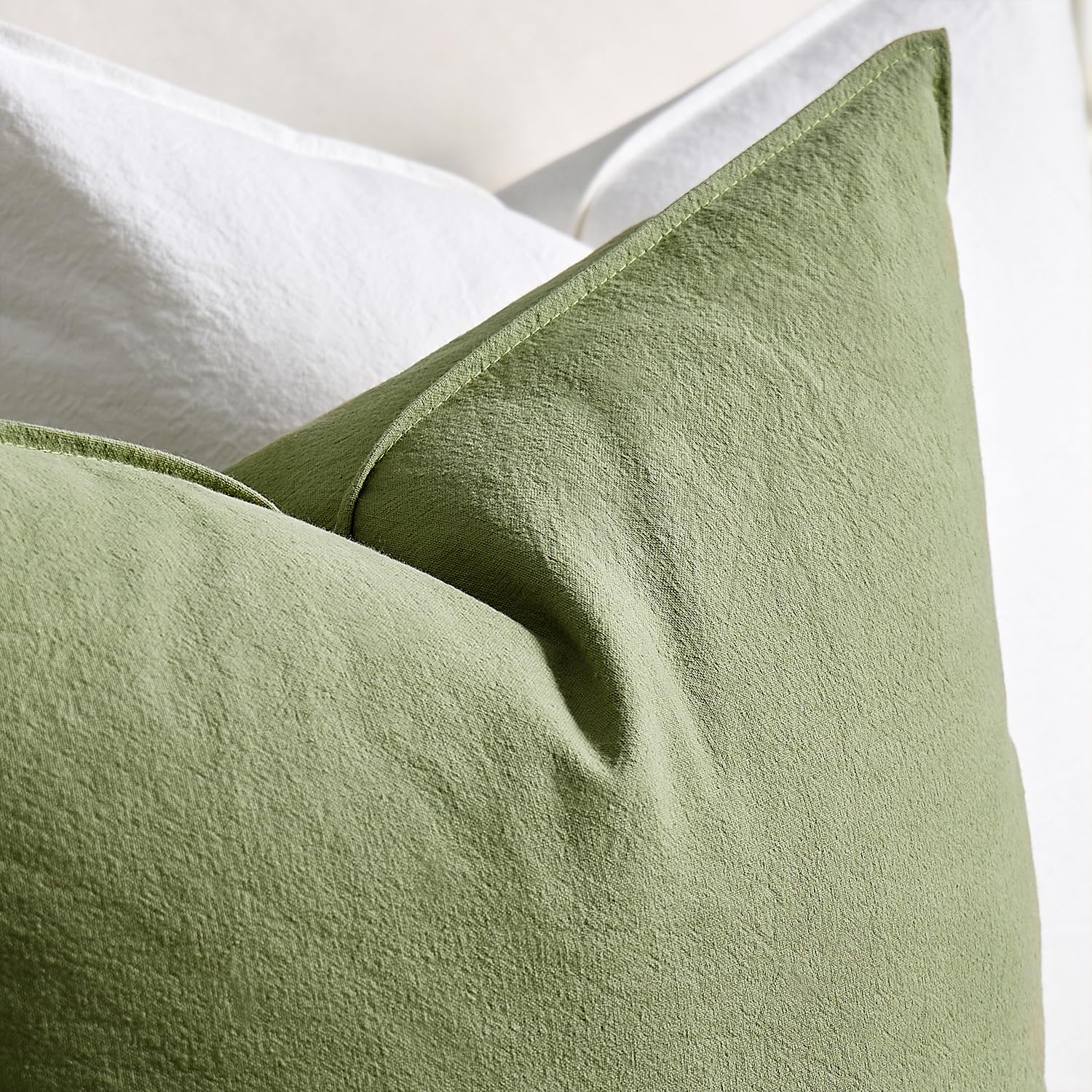 Serento Cushion Covers Green 45cm x 45cm Pack of 2 Cushions Cotton Soft Decorative Square Throw Pillow Case Flange Pillowcases for Livingroom Sofa Bedroom 18x18 Inch Sage Green - Image 2