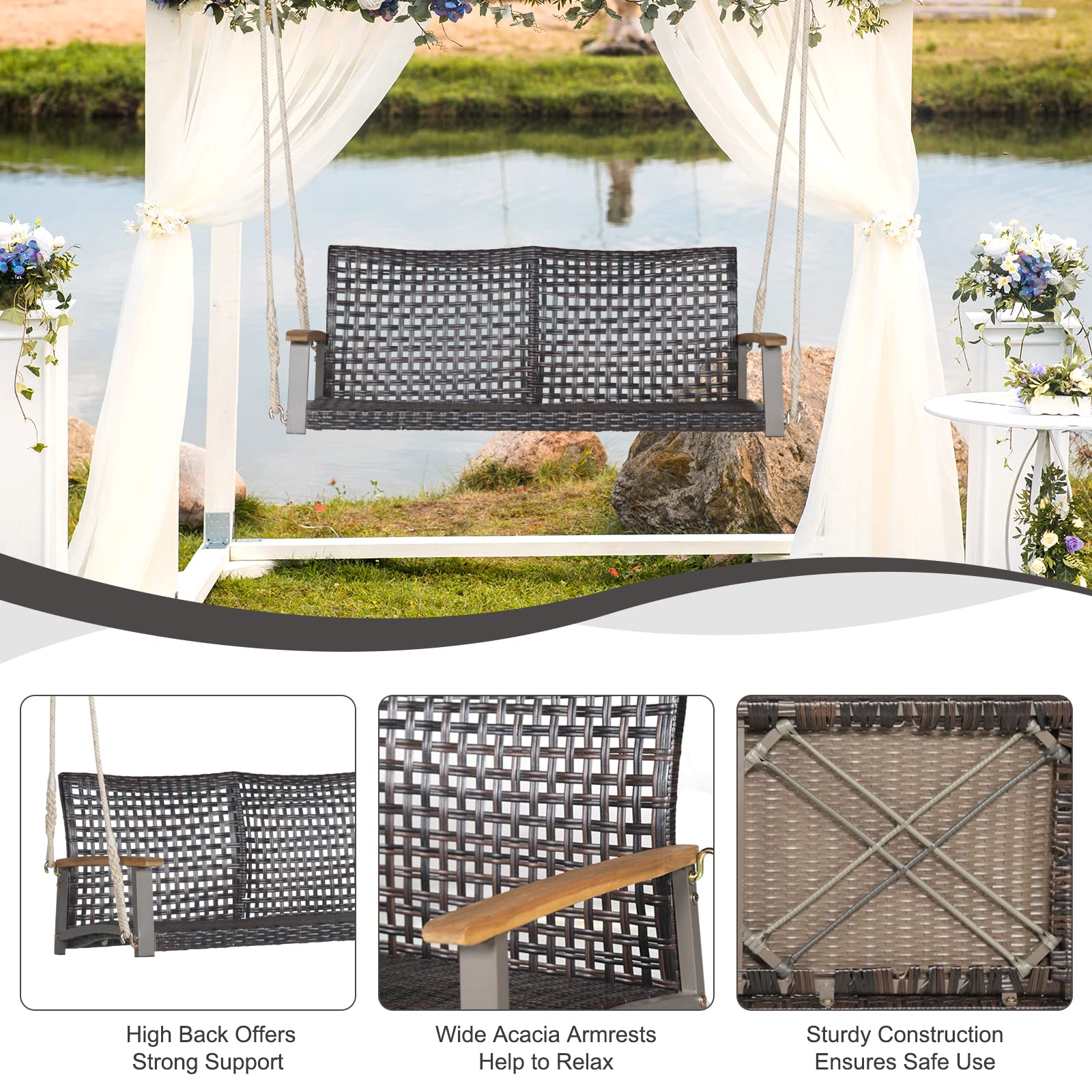 GIANTEX Altalena in vimini per 2 persone in rattan PE con schienale curvo per esterni, corde resistenti, capacità di carico di 360 kg, per terrazza, patio, giardino, balcone
