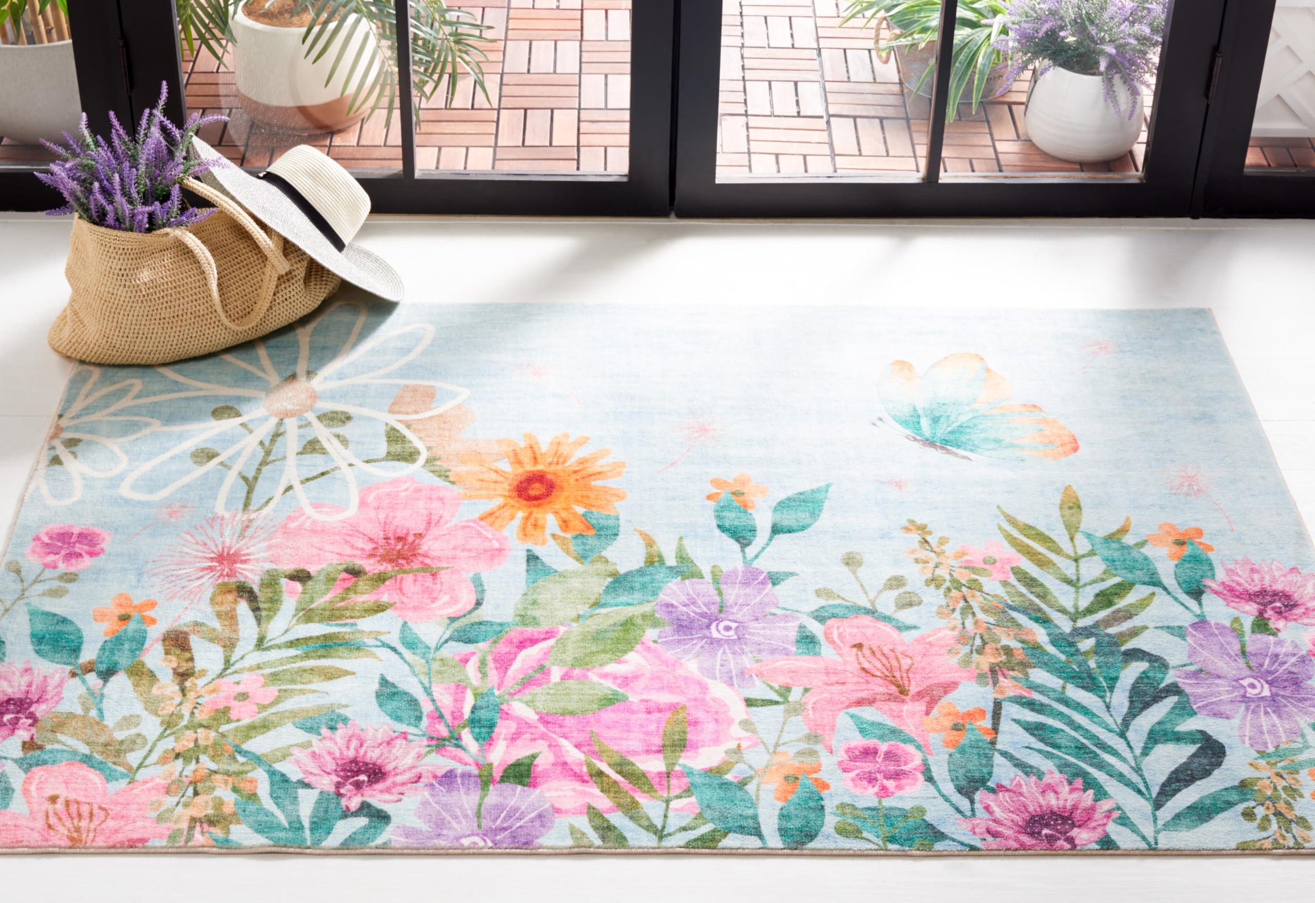 SAFAVIEH Washable Rug Door and Kitchen Mat Collection - 4' x 6', Aqua & Pink, Slip Resistant & Easy to Clean, Ideal for Entryway, Foyer, Mudroom,