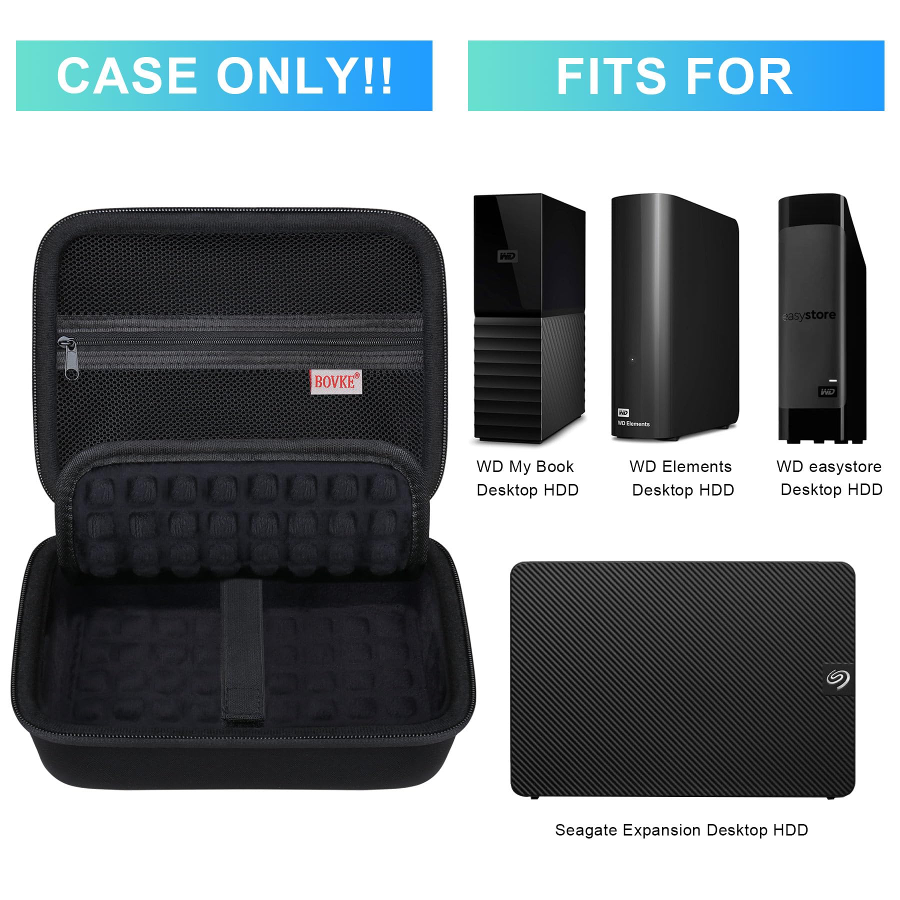 BOVKE Disques Durs Étui pour Seagate Expansion WD Expansion My Book Desktop Disque Dur Externe HDD 6TB 8TB 10TB 12TB 14TB 16TB 18TB 22TB 24TB 26TB 28TB 3,5 Pouces, Noir+Noir