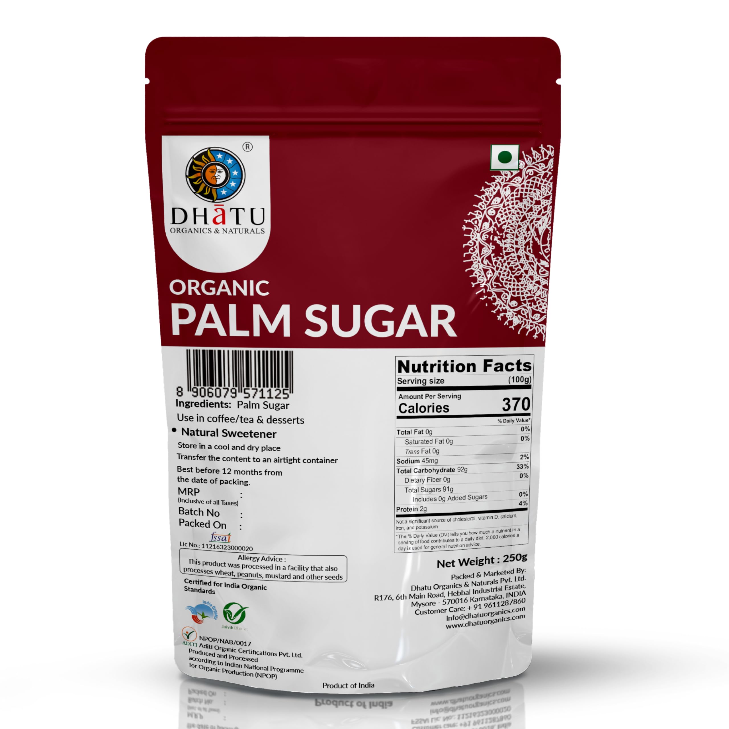 DhatuOrganic Palm Sugar 250g Natural Refined Sugar Alternative, Substitute for Baking, Low Glycemic, Unrefined