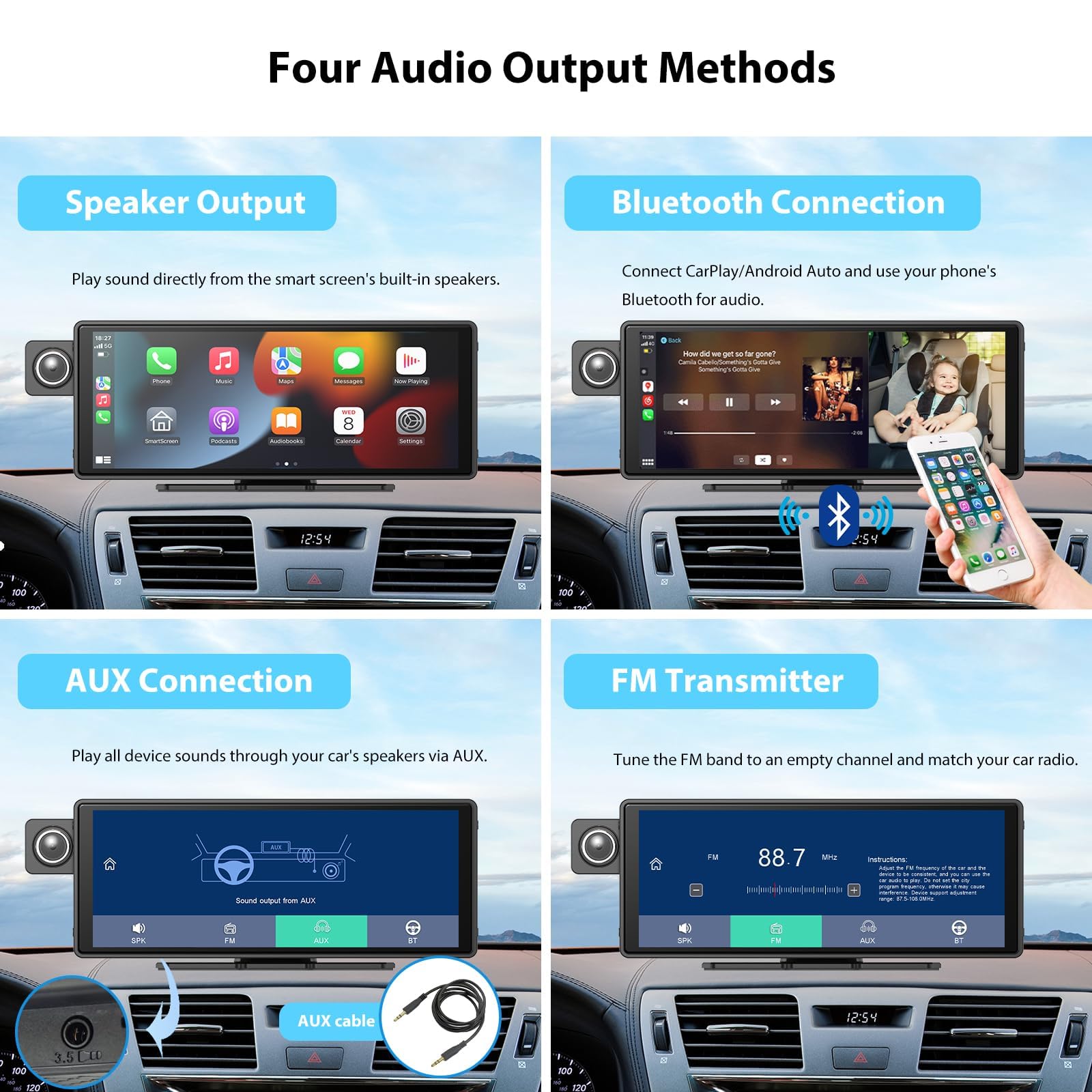 Sunweyer 10,3-calowy samochodowy rejestrator wideo, przenośny samochodowy stereo, do monitorowania dziecka, kamery na tylnym siedzeniu, przenośny bezprzewodowy ekran CarPlay, Android Auto, nawigacja