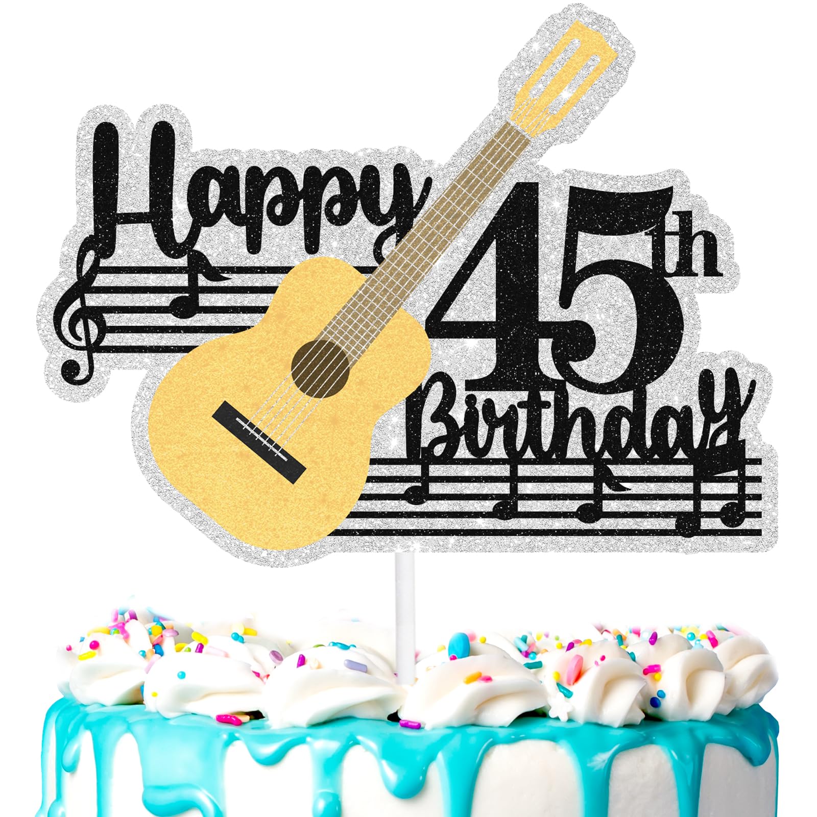 Guitar Cake Topper 45th Music Theme Happy Birthday Note Decoration, Birthday Party for Men and Women, Rock Guitar Party, Musician Party, Anniversary Decoration Supplies (45th)