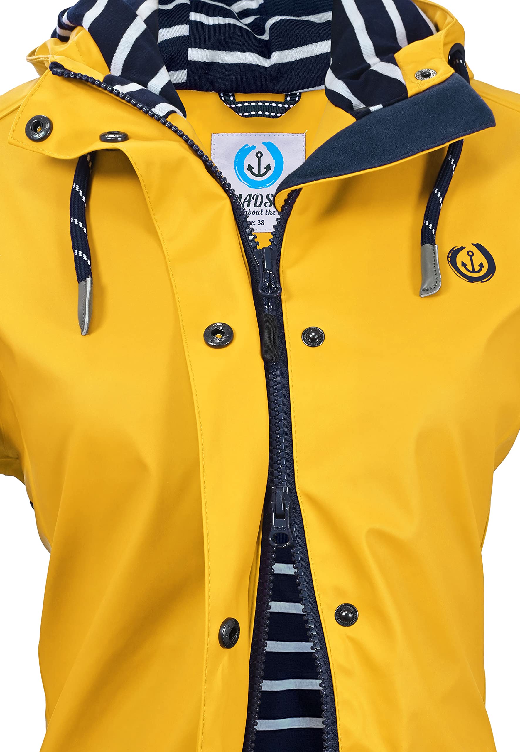 MADSea Damen Regenmantel Friesennerz 620 | halblanger wasserdichter Regenparka | winddicht mit maritimen, weiß/blauen Innenfutter