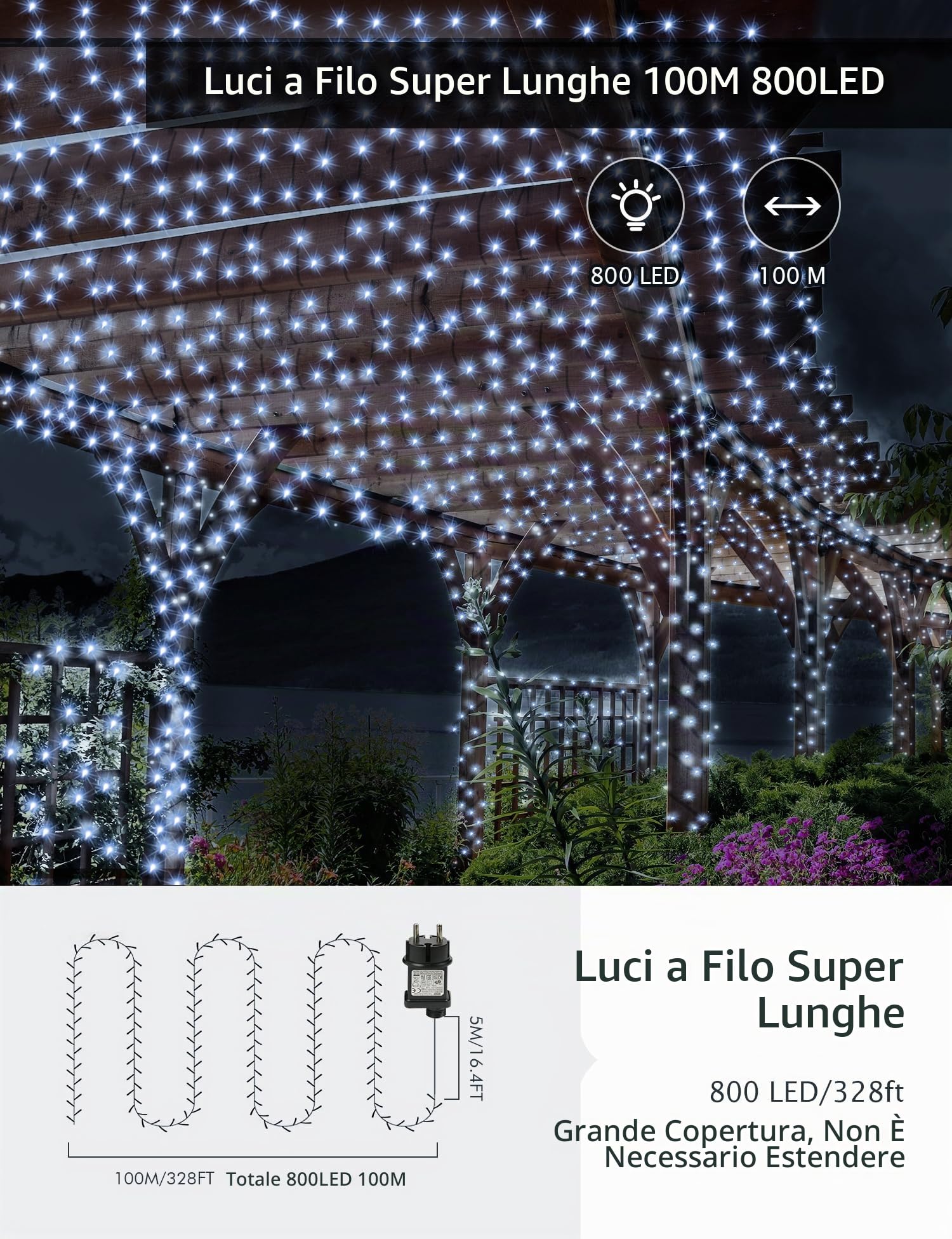 GYLEFY 100M Luci di Natale Esterno per Decorazioni Natalizie, Bianco Freddo | Luci Natale con Telecomando, 800 LED Impermeabile, 8 Modalità Illuminazione, Timer, Decorazione per Albero Natale, Giardino