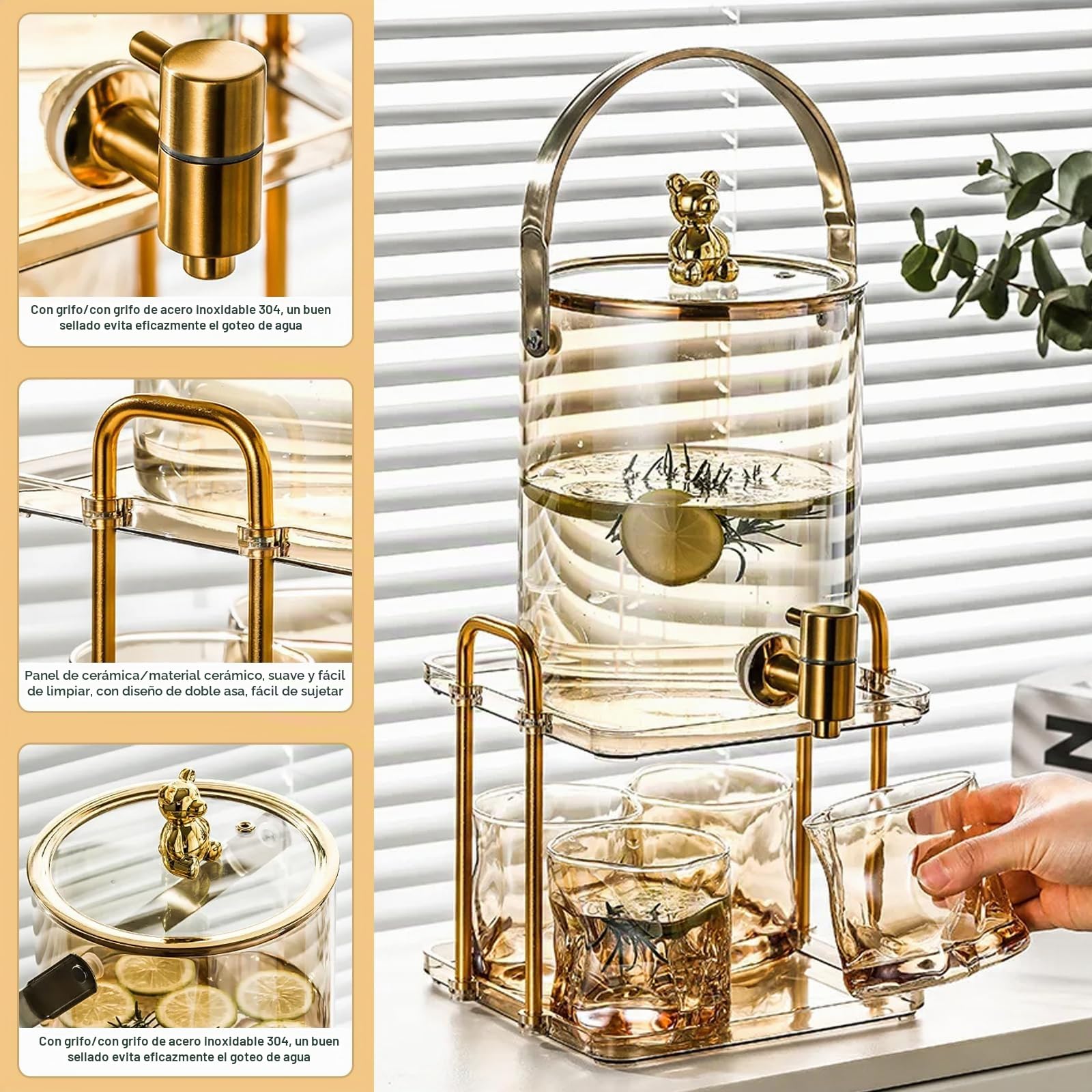 Dispensador de bebidas de cristal, CEIEVER Eisgeträneglas con grifo de acero inoxidable y soporte, dispensador de agua, recipiente de cristal para bebidas frías con 4 vasos, dispensador de bebidas de