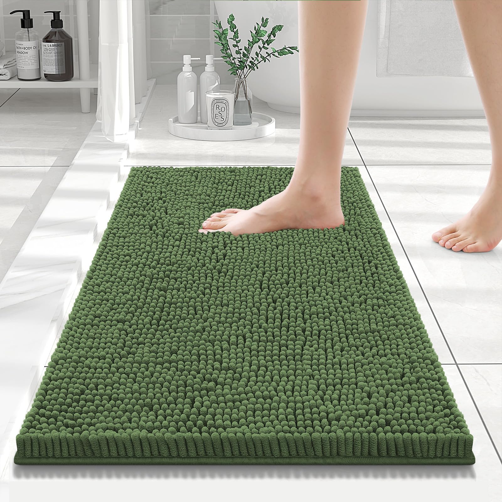 Smiry Luxury Chenille Bathroom Rugs 24x16, Extra Soft and Absorbent Shaggy Bath Mat, Machine Washable, Non-Slip Plush Carpet Runner for Tub, Shower,