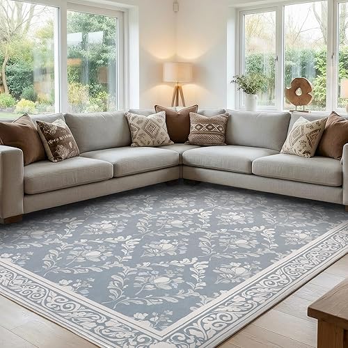 SOULFUL Medium Pile 8x10 Rugs for Living Room - Soft Underfoot Large Area Rug - Greige Boho Floral - Washable Non-Slip - Perfect for Bedroom Kids Room Under Dining Table Office